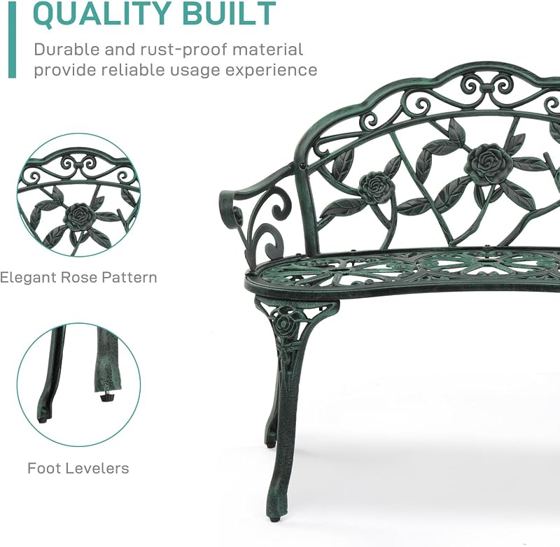 VINGLI 38.5" Patio Park Garden Outdoor Metal Rose Bench, 2-Person Cast Iron Cast Aluminium Frame Antique Finish Chair,Accented Lawn Front Porch Path Yard Decor Deck Furniture (Green, Rose) image 4