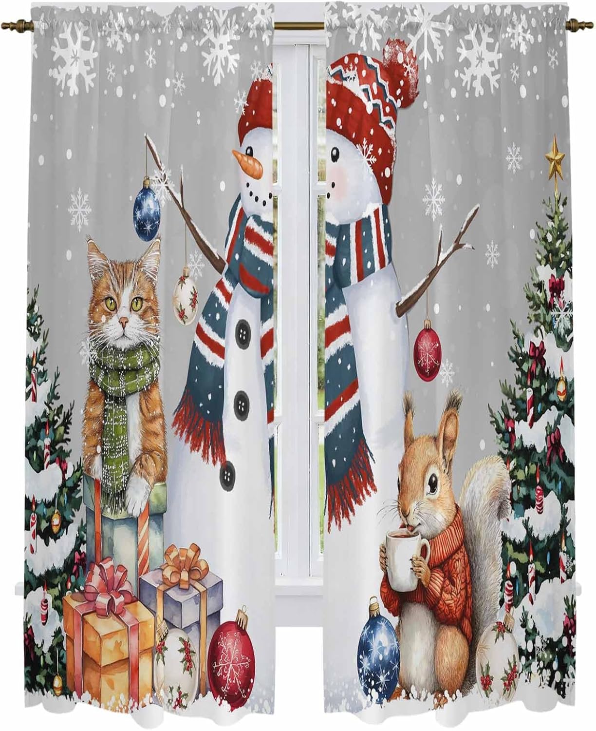 Grey Christmas Window Curtains 72 Inch Long 2 Panel Set,Rod Pocket Long Curtains & Drapes,Snowman Squirrel Cat Xmas Tree Snowflake Light Filtering Window Treatment for Bedroom Living Room 52"W x 72"L