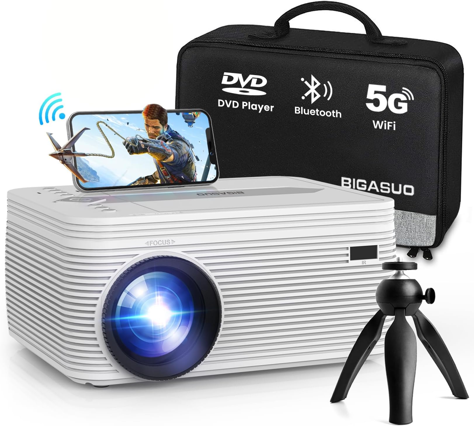 BIGASUO 5G WiFi Bluetooth Projector with DVD Player - 9000L Mini Portable DVD Projector with Tripod, 1080P, Carry Bag, Compatible with Phone, Lapto, HDMI, TV Stick