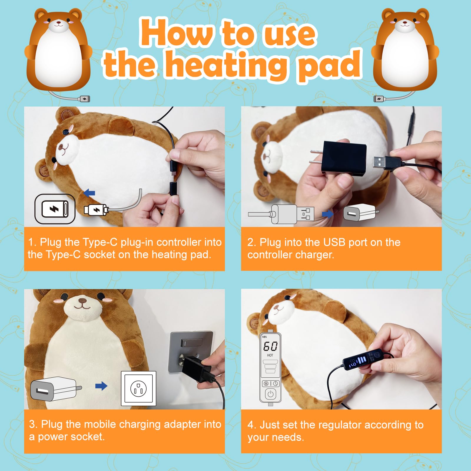 Bear - Almohadilla térmica eléctrica USB para calambres menstruales y alivio del dolor, bonita almohadilla de calor eléctrica USB de felpa para espalda, cuello, hombros, dolor menstrual, regalo