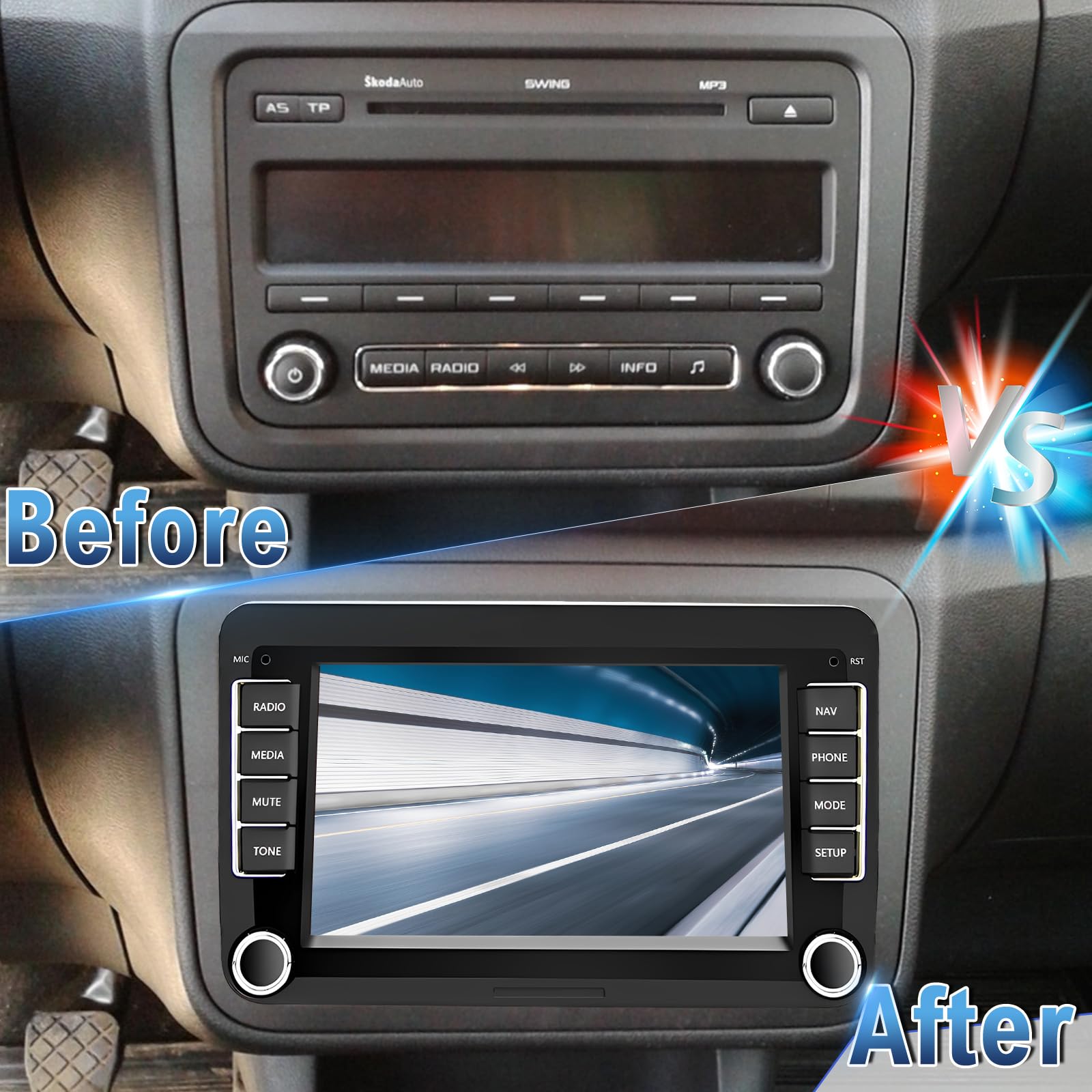 Android 14 Autoradio 2 Din mit Carplay Android Auto für Skoda Fabia 2007-2014, 2G+32G 7 Zoll Auto Radio Stereo mit Bluetooth Navi WiFi FM RDS Rückfahrkamera