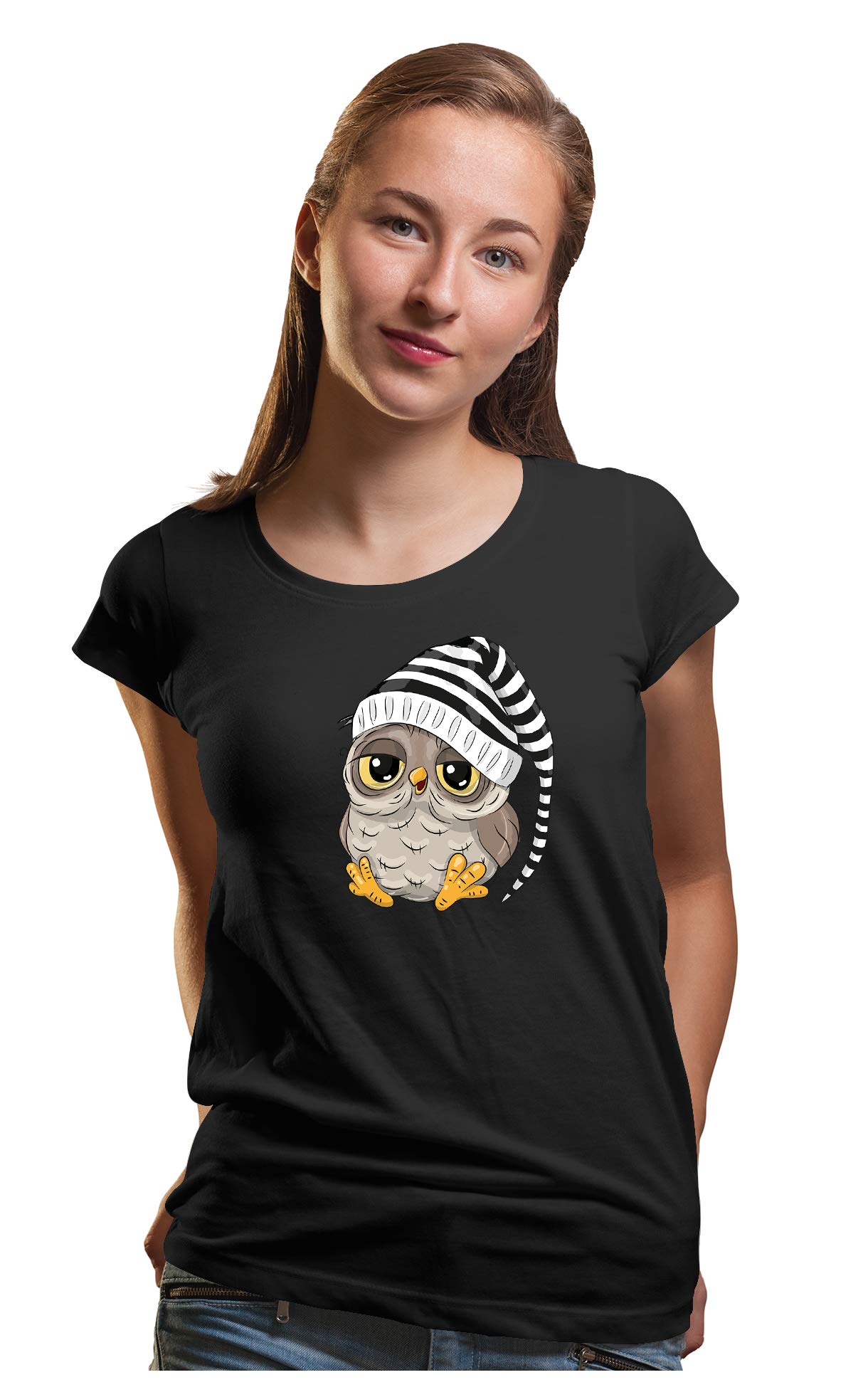 WallabyWomen's Regular Fit T-Shirt Cute Owl Wearing a Cap 100% Cotton T-Shirt