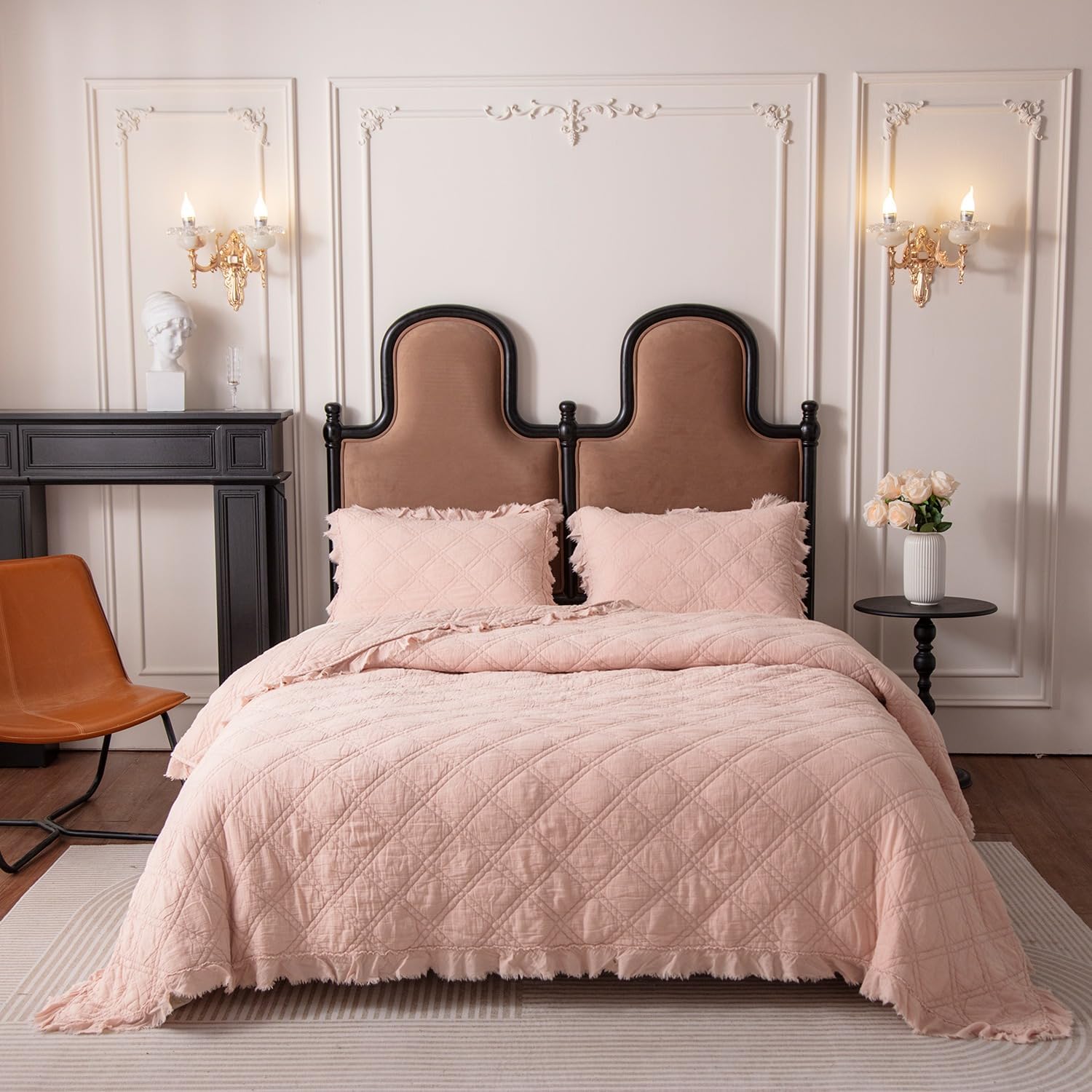 BOV Queen Quilt Set with 2 Pillow Shams, Stonewashed Fringed Edges Cotton Quilt Queen Bedspreads Full Size Bedding Sets, Quilted Cotton Coverlet Full Size Comforter Set All Season, Light Pink 96"X92"