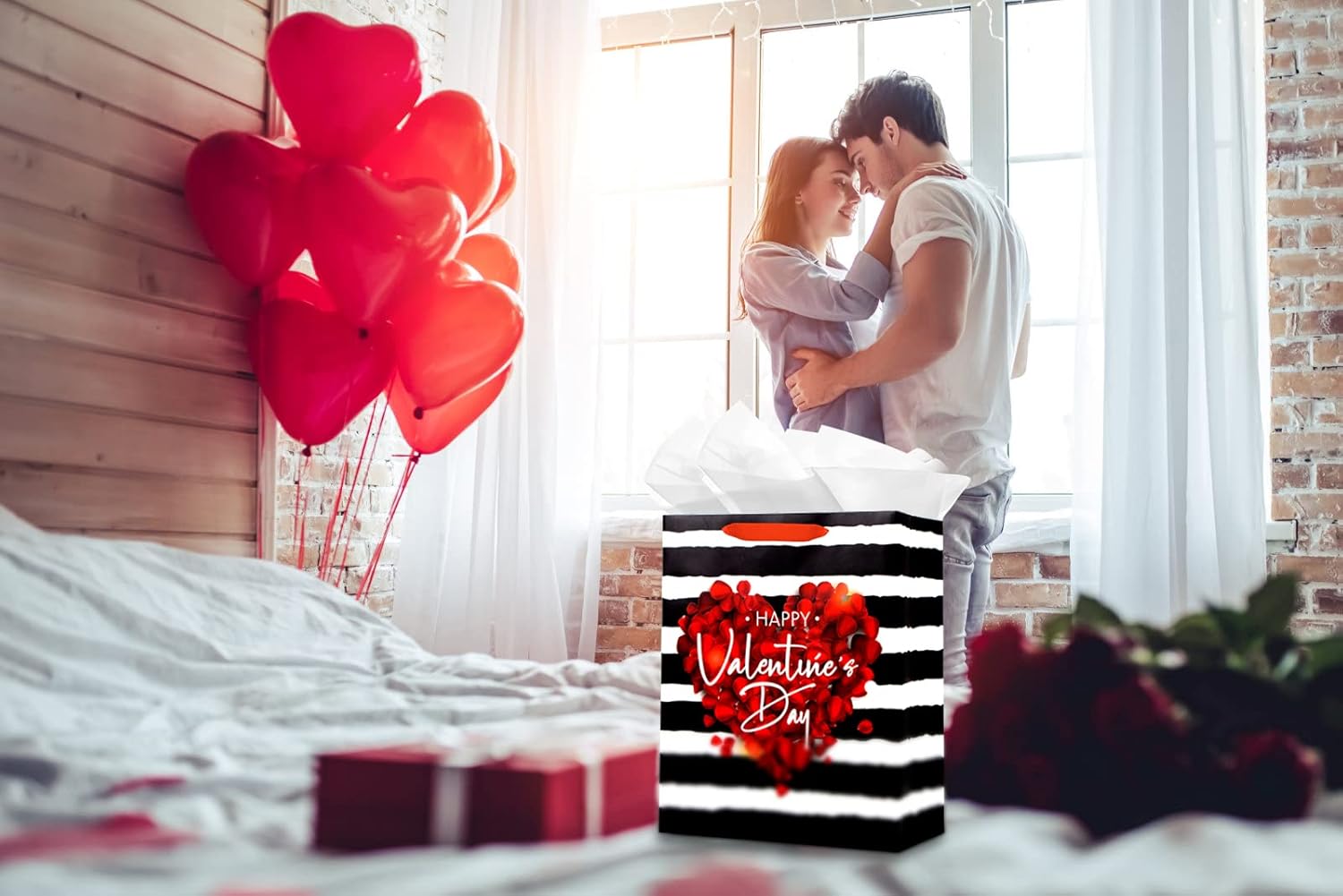 WaaHome Happy Valentines Day Gift Bag with Handle 13''x10.5''x5.8'' Large Red Rose Gift Bags with Tissue Paper, Romantic Valentines Gift Bags for Her Him Girlfriend Boyfriend Wife Husband Women - Image 4