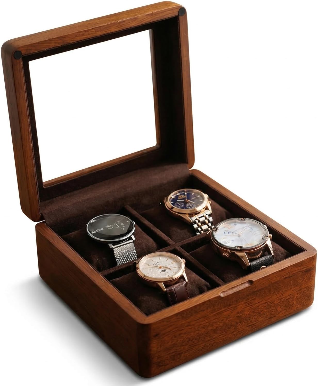 Watch Box for Men, 4-Slot Wooden Watch Case with Glass Lid, Display and Storage Organizer for Watches, Travel Watch Holder