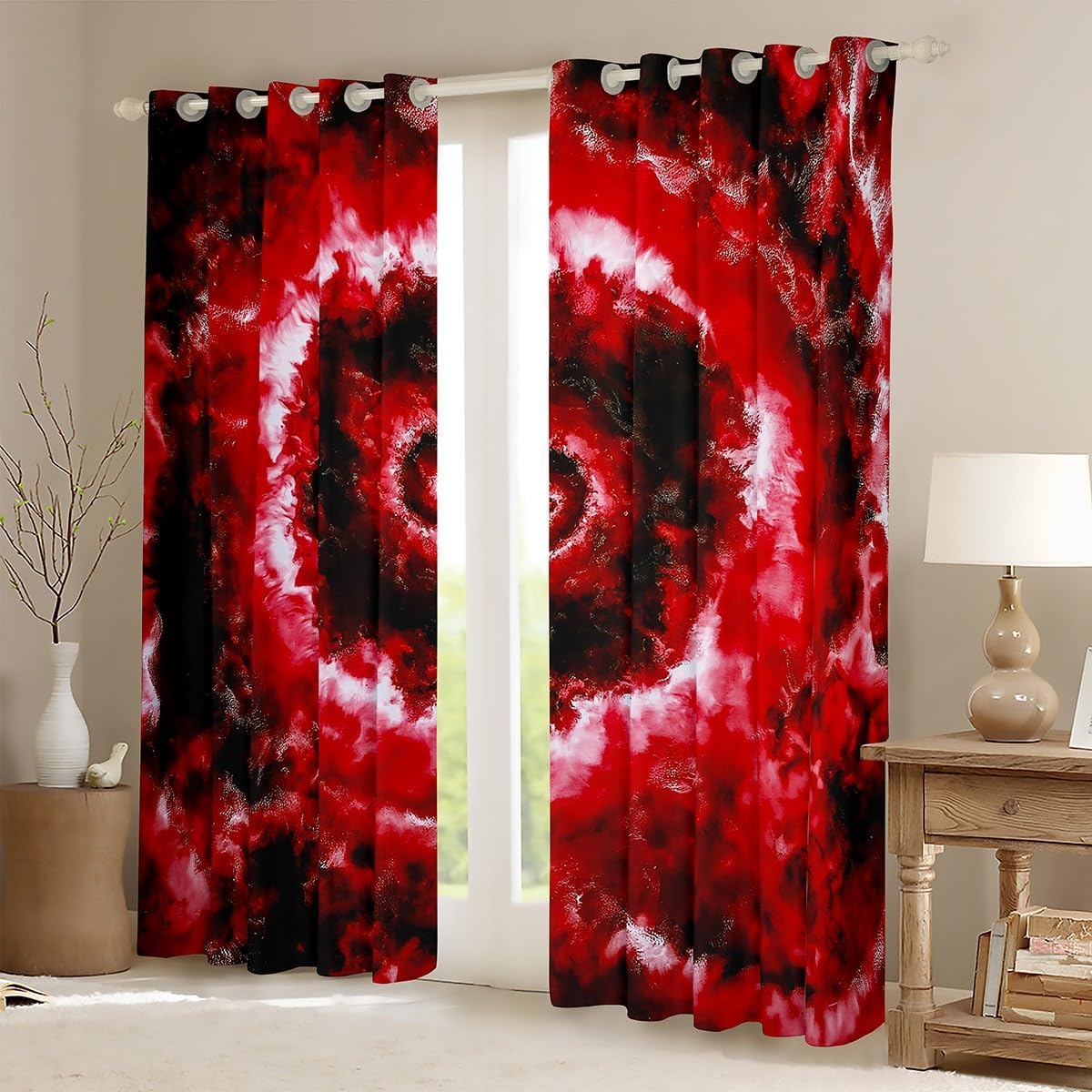 Castle Fairy Red Tie Dye Window Curtains Gradient Swirl Geometric Darkening Blackout Curtains Retro Boho Rustic Window Treatments Hippie Style Artistic Grommet Top 2 Panel Set Drapes,52Wx63L