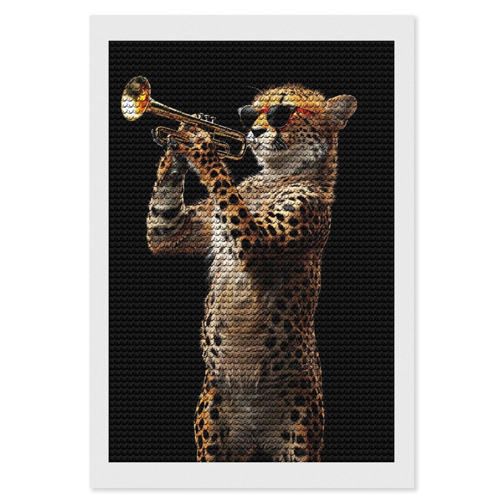 Junmoney Cheetah Trumpet Diamond Painting Set 8"x12", Sparkling Round Gems, Decorate Your Room, Fun Craft Experience, Modern Decor