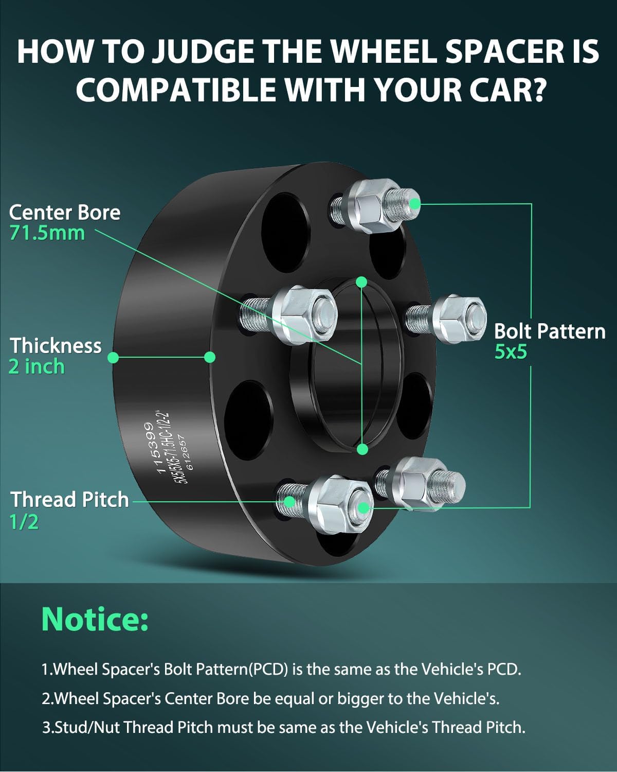 SCITOO 4Pcs 5x5 Wheel Spacers 2 inch Thread Pitch 1/2 Hub Bore 71.5mm 5 Lug Wheel Spacers Fit for Wrangler for Grand Cherokee Commander