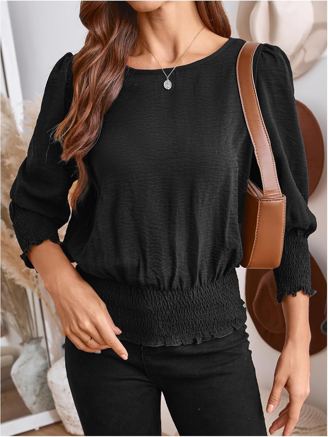 SweatyRocks Women's Lantern Long Sleeve Shirred Trim Round Neck Smocked Blouse Crop Tops - Image 3