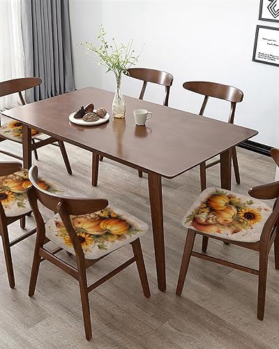 Miniatura 5 de Juego de 4 fundas de asiento para sillas de comedor, diseño de calabaza y ardilla, fundas elásticas para sillas de otoño, fundas de cojín lavables