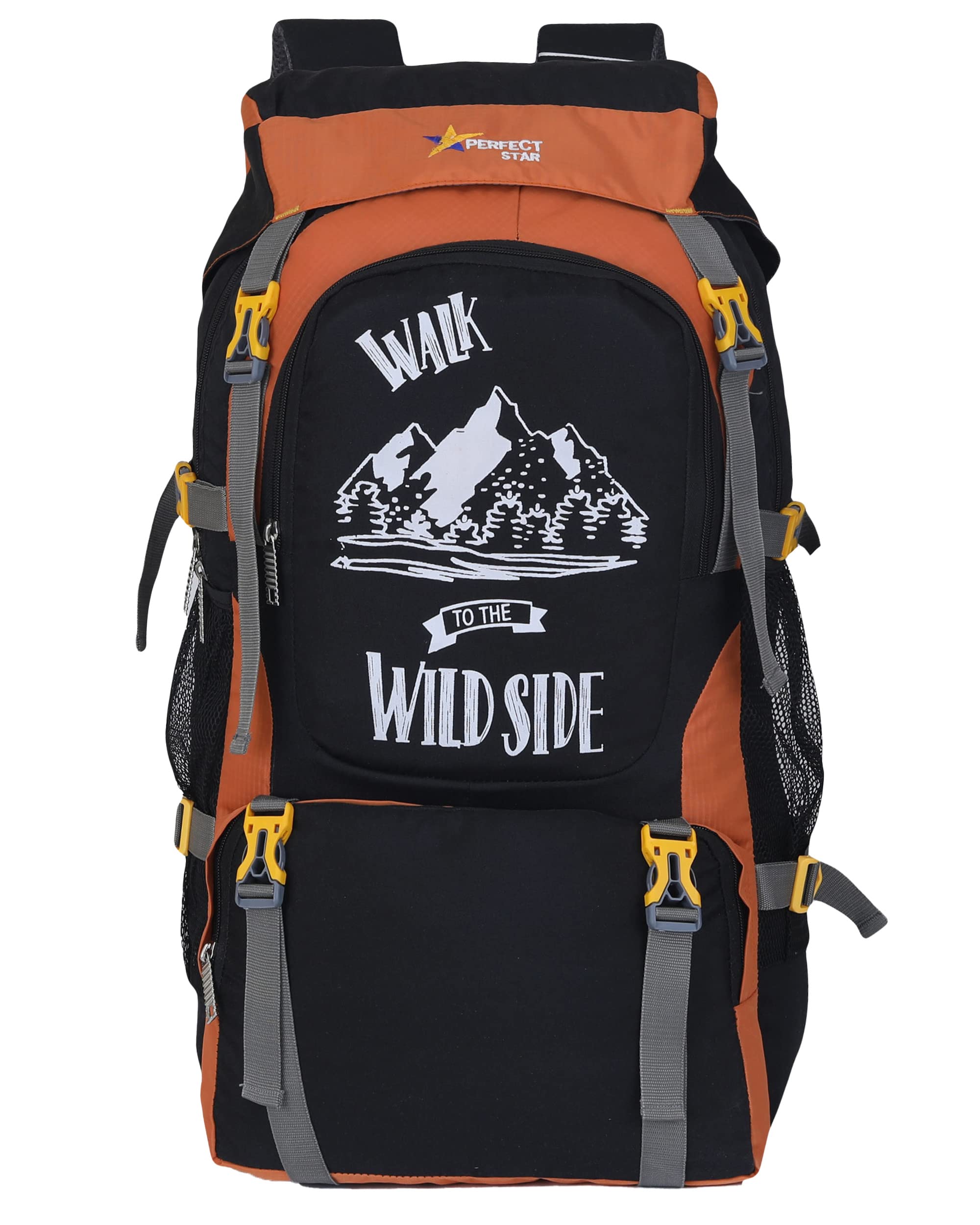 perfect star 75 Litres Travel Backpack For Outdoor Rucksack Trekking Hiking Adventures Camping Durable And Spacious Men Waterproof Tour Mountain Bag - Orange