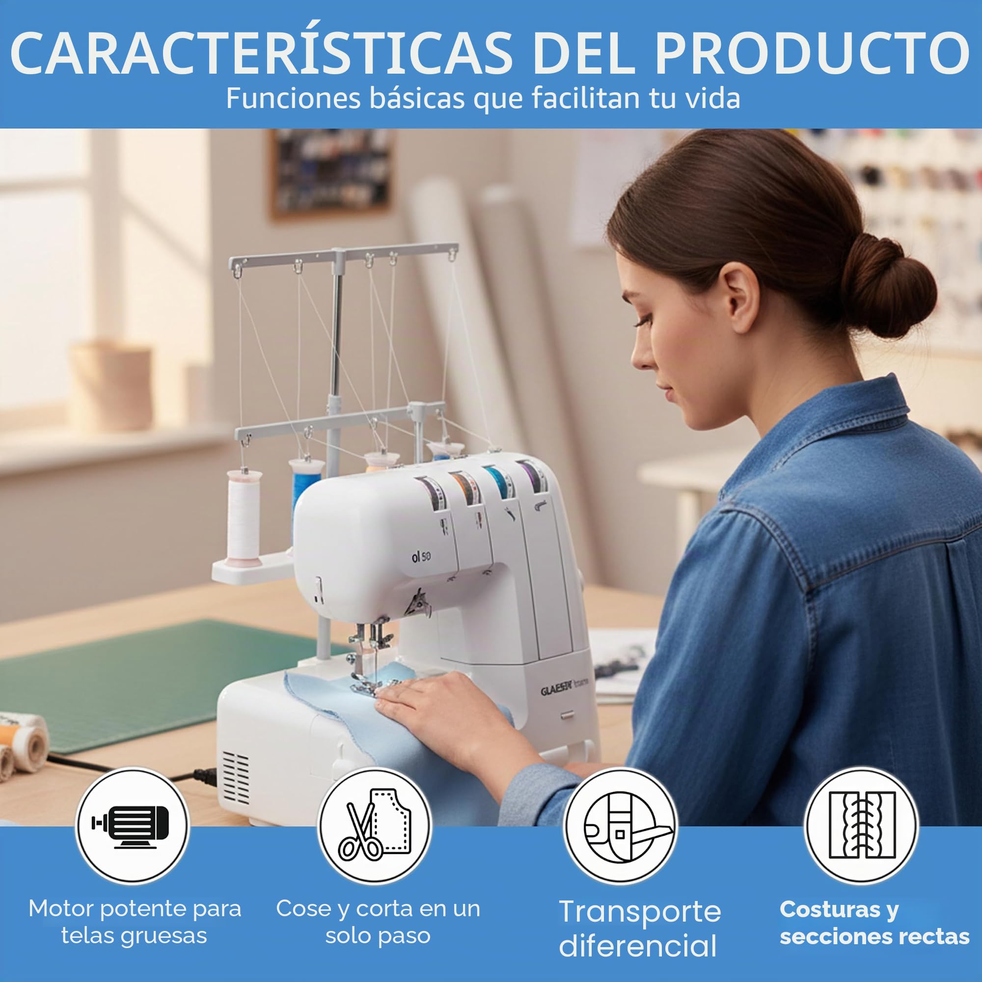 GLAESER Home ol 50 Máquina de coser Overlock, para coser y cortar en un solo paso. Máquina de overlock con longitud de puntada ajustable, fácil de usar