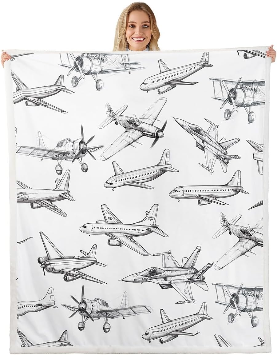 Airplane Throw Blanket Aircraft Blankets for Kids Girls Boys Teens Living Room Black White Sketch Print Fleece Blanket Flying Theme Sherpa Blanket,for Chair/Sofa,60"×80"