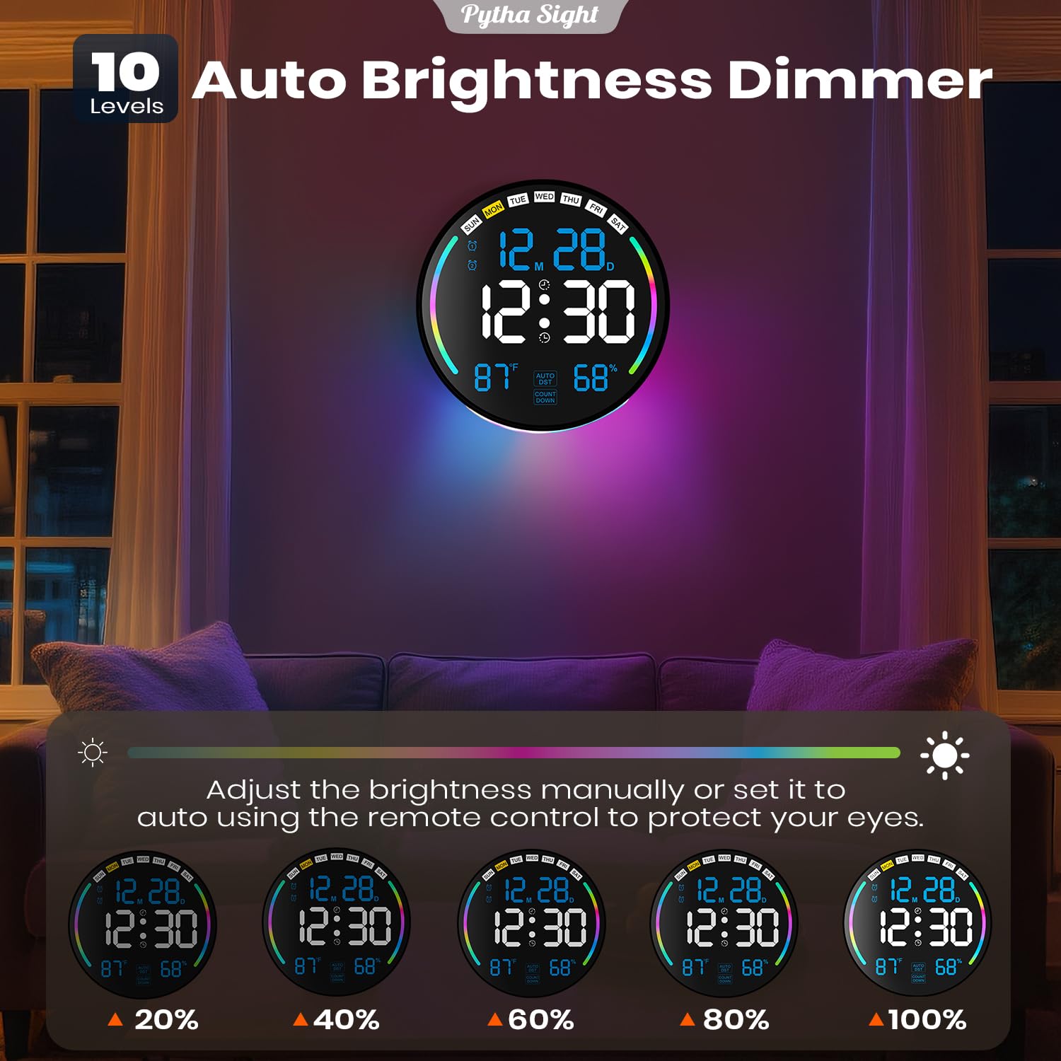 Horloge Murale numérique 26 cm LED Grand écran, Horloge Murale numérique avec 10 Couleurs RVB, Doubles alarmes, 10 Niveaux de luminosité, Voiture DST, minuterie pour Compte à rebours/Jour pour