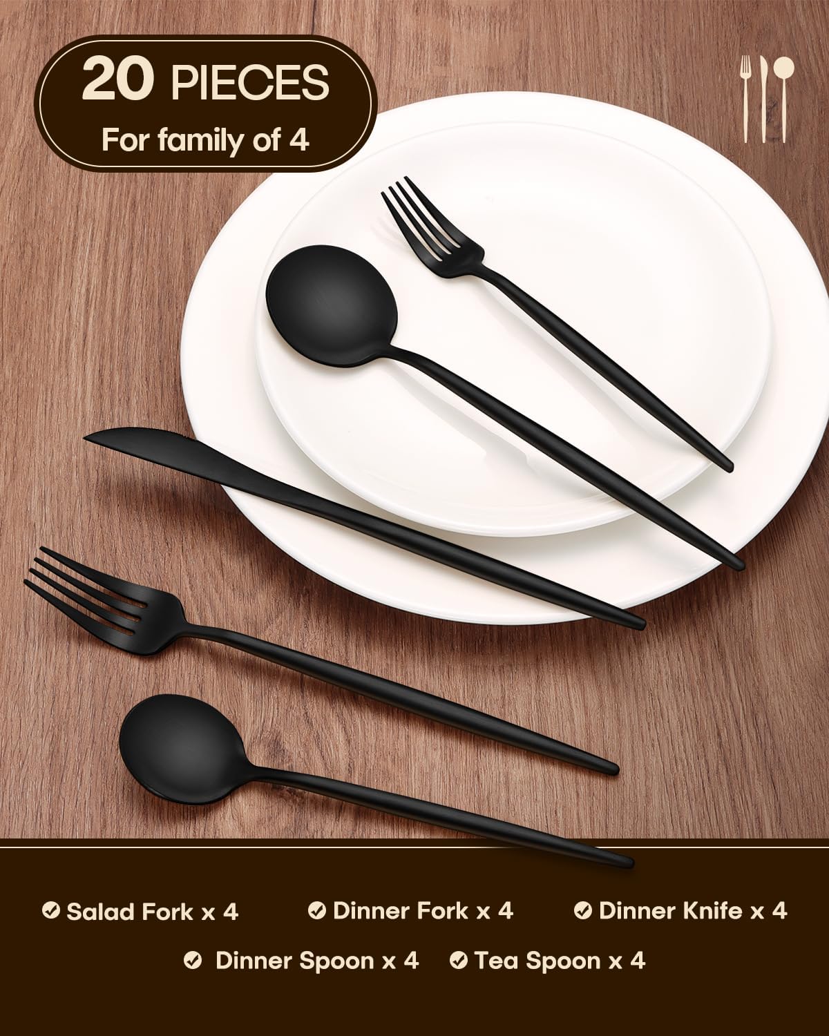 Stapava 20-Piece Matte Black Silverware Set, Stainless Steel Flatware Set for 4, Satin Finish Cutlery Include Forks Spoons and Knives Set for Home Restaurant, Dishwasher Safe Utensils Set