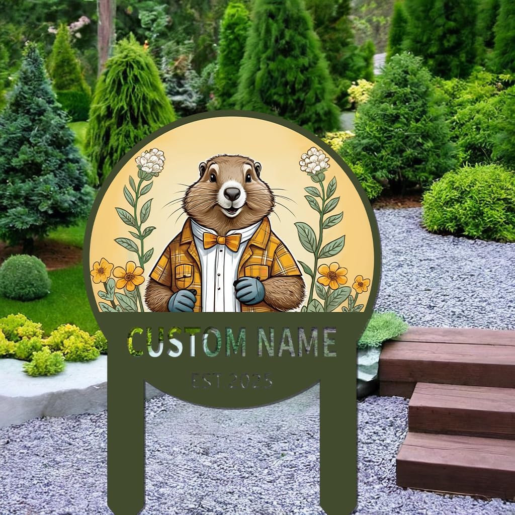 Custom Garden Sign, Personalized Groundhog Garden Stake Metal Sign, Customized Name Sign Groundhog Day Outdoor Decor, Funny Yard Signs Groundhog Decorations, Garden Gifts for Mother's Day