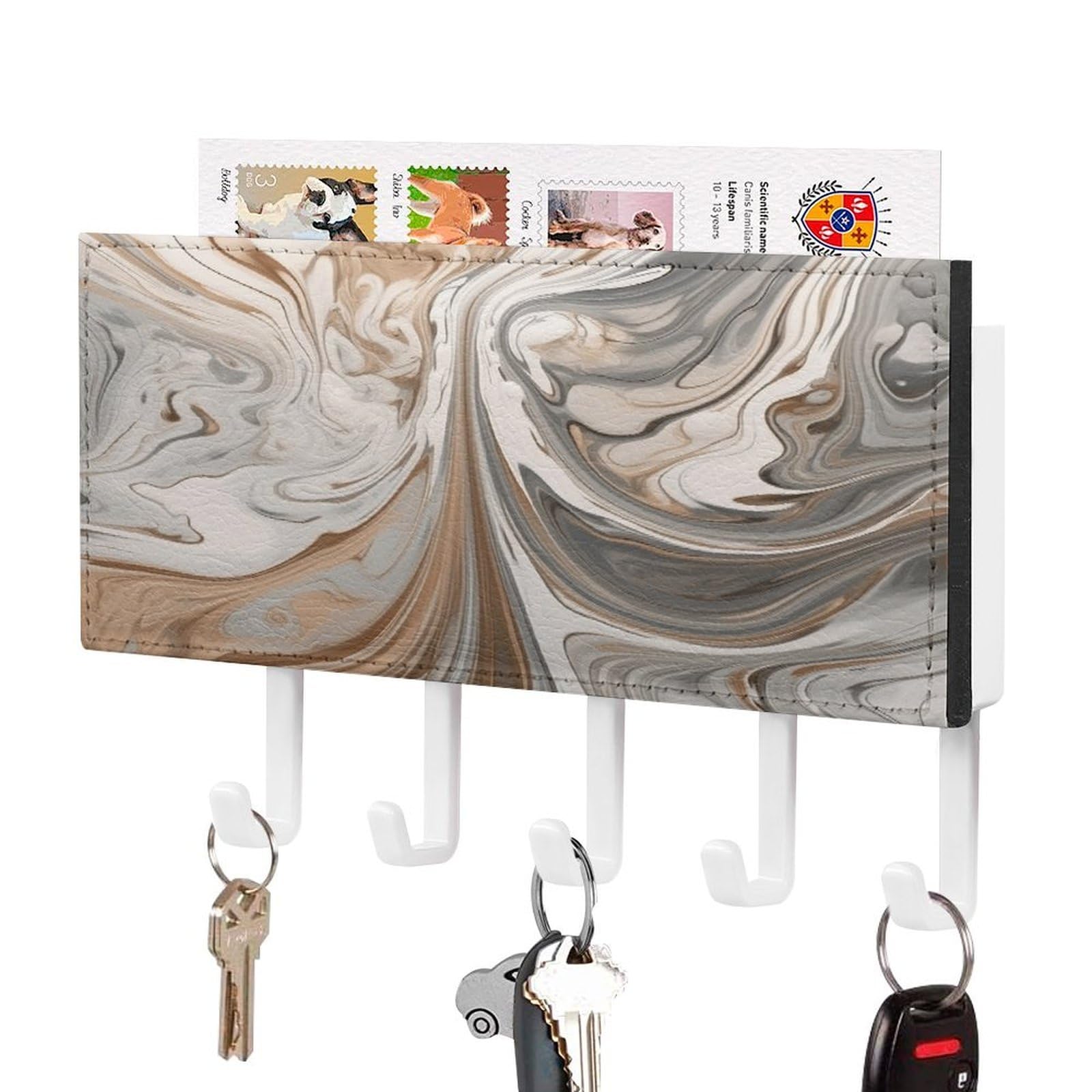 FekiLoot Marble Background Key Holder Wall Mount Key Hanger with 5 Hooks Decorative Key Rack Hanging Key Hooks with Mail Organizer Key Holder for Wall Living Room Kitchen Bathroom Hallway White