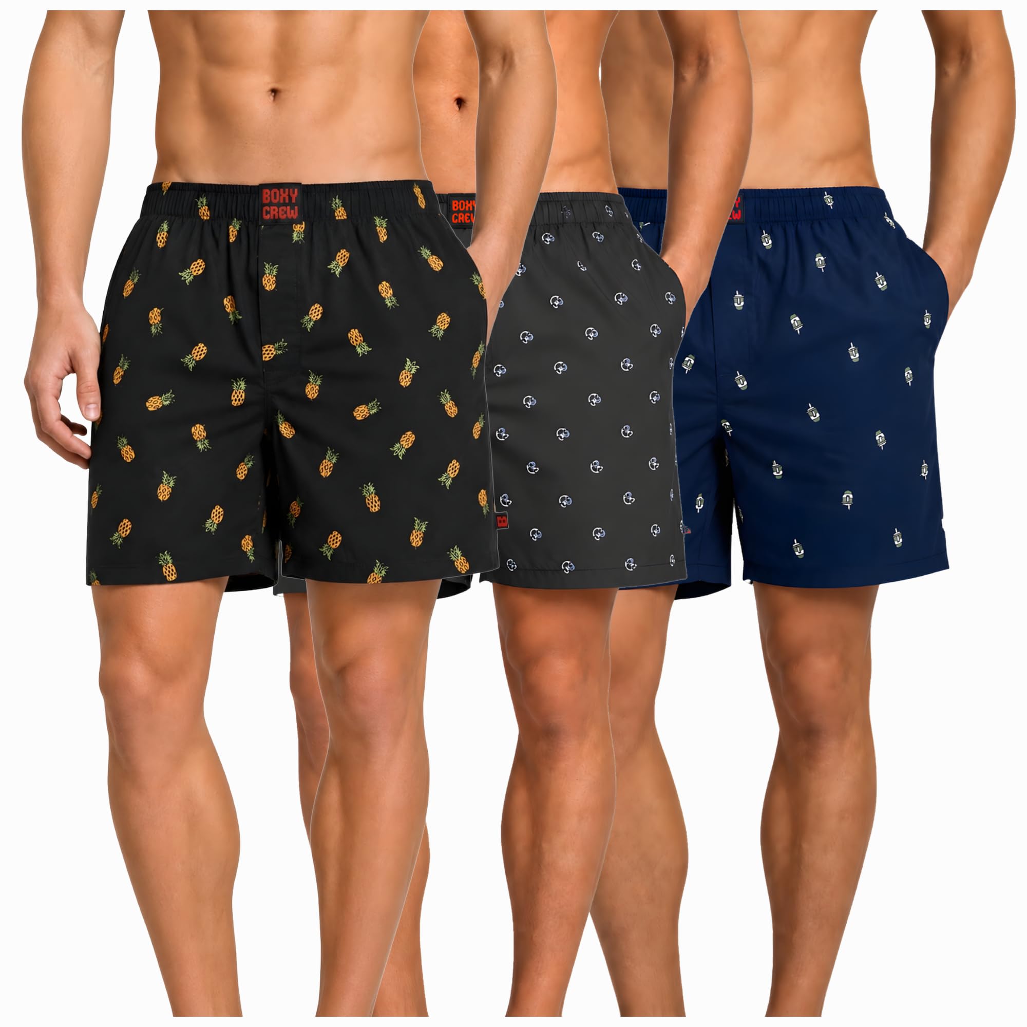 Men's 100% Cotton Boxer Shorts Pack of 3, Charcoal, Navy Blue & Navy Blue | Woven Boxers with Side Pockets, No-Marks Elastic Waistband, Breathable Relaxed Fit | Style 004-009-011-image-23