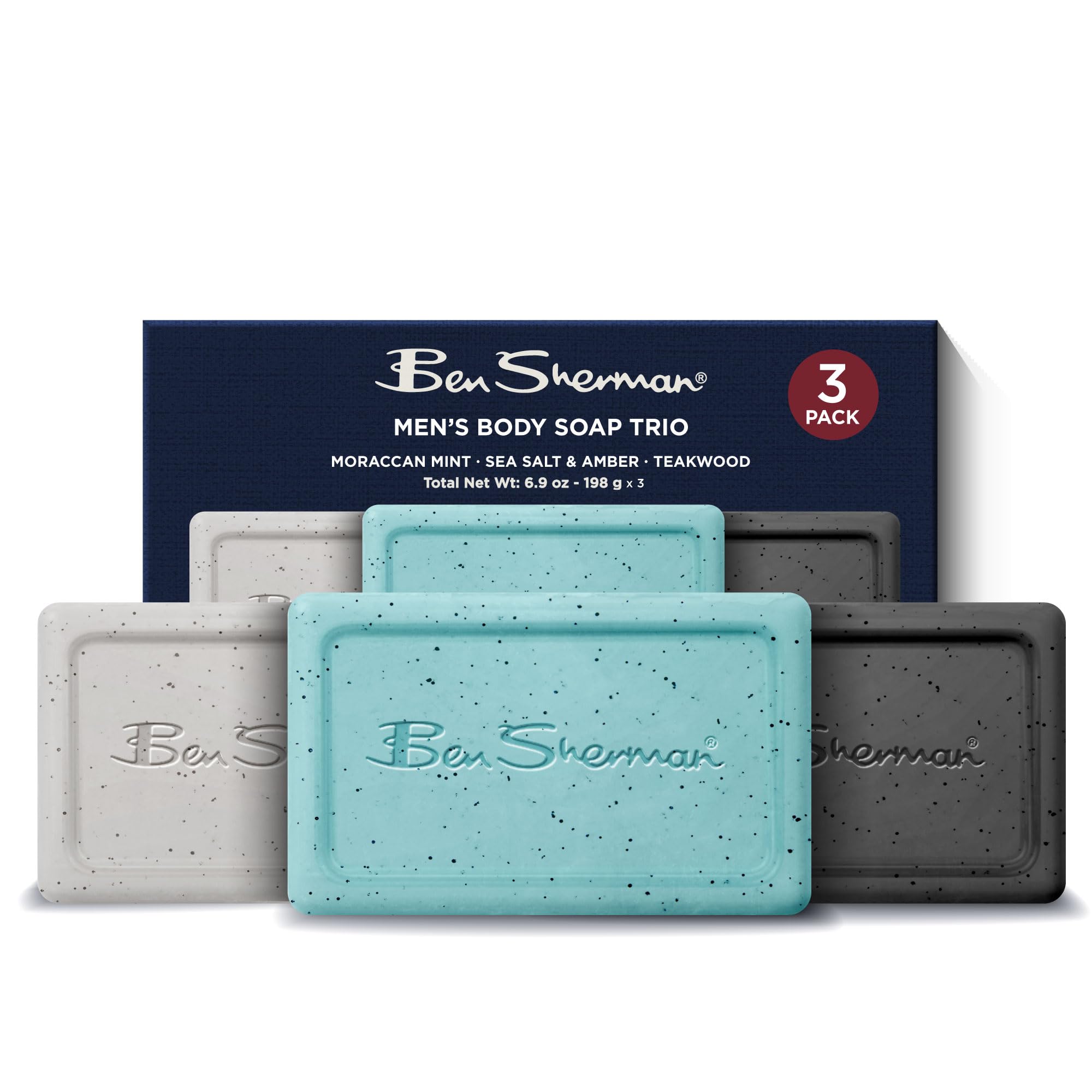 Ben Sherman Bar Soap for Men 3 Pack Men's Bar Soap, Exfoliating Body Soap Bars – Mint, Sea Salt & Amber, Teakwood