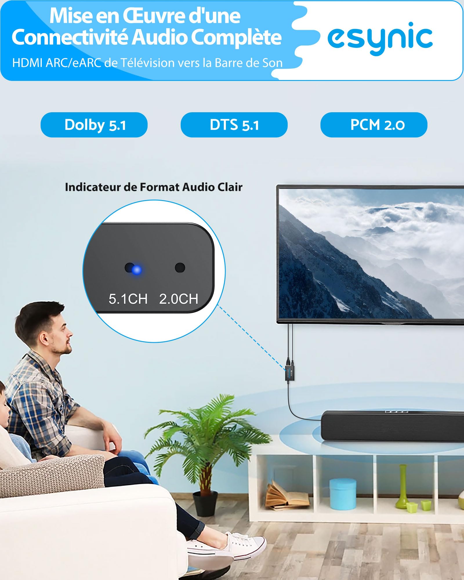 eSynic eARC ARC Audio Extracteur Convertisseur Audio eARC HDMI à Optique Support 24bit/192KHz Format Audio PCM 2,0/Dolby 5,1/DTS 5,1 Adaptateur Arc Hdmi pour HDTV à Barre de Son Casque Home Cinéma