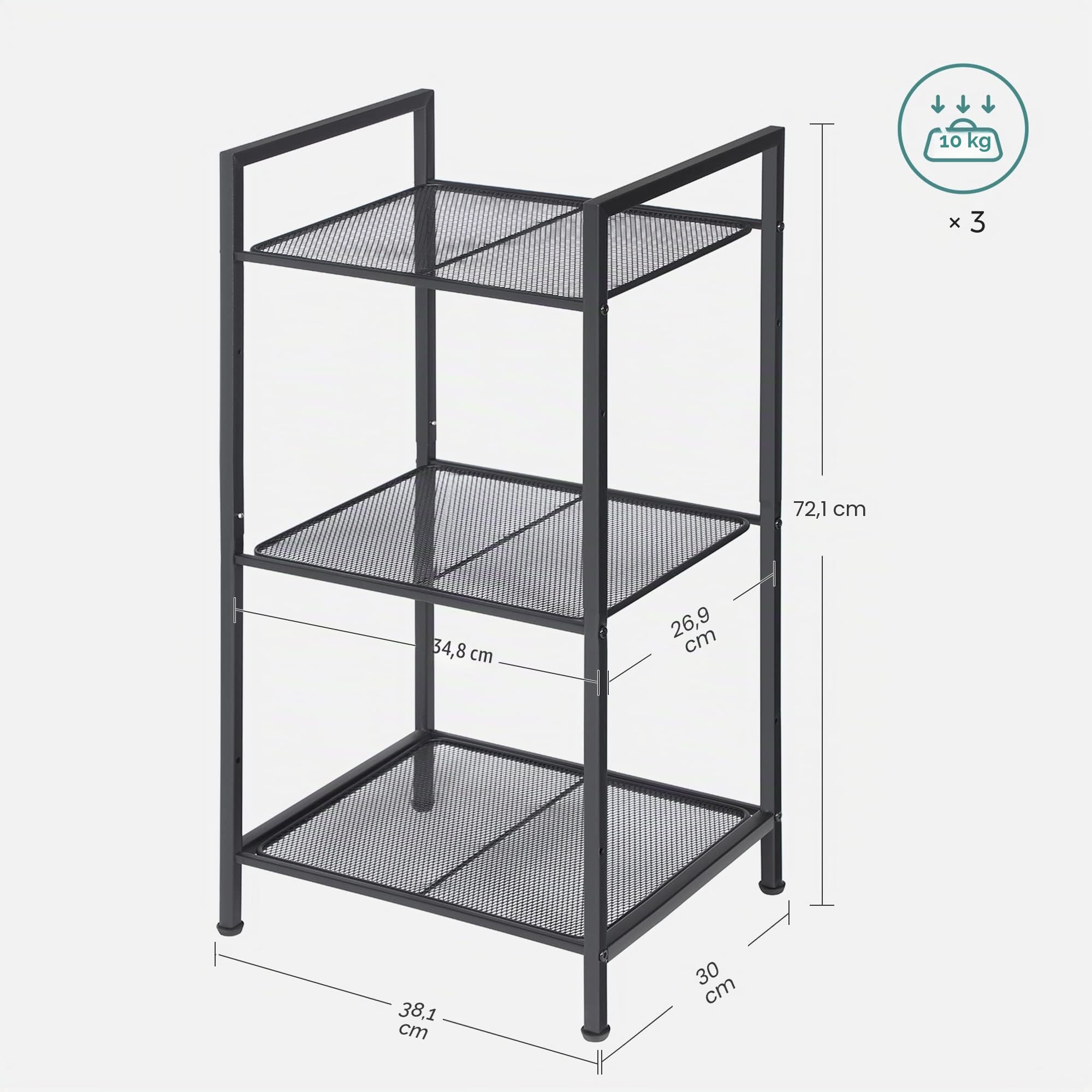 SONGMICS Scaffale portaoggetti a 3 ripiani, mensola da bagno, supporto allungabile per piante con ripiano regolabile, per bagno, soggiorno, balcone, cucina, nero UBSC33BK