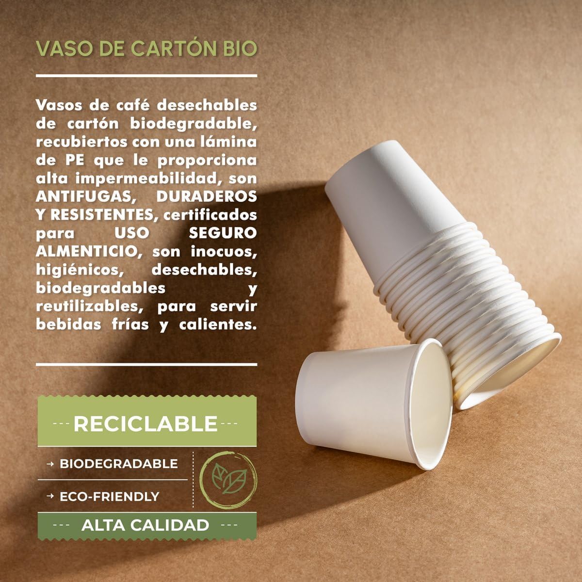 BEST PRODUCTS 400 vasos desechables café 250cc de cartón antifugas, biodegradables, compostables, reciclables, para café, agua, infusiones, bebidas frías y calientes para fiestas y eventos.
