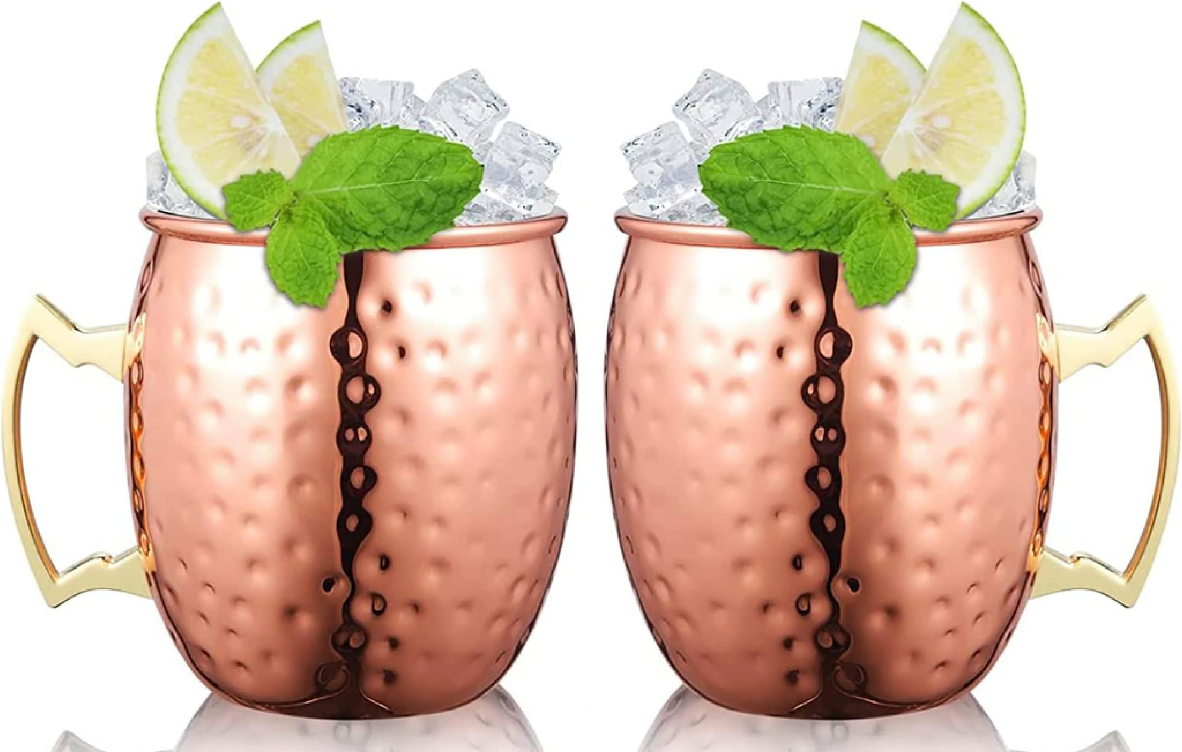 Copper CureMoscow Mule Mugs | Large Size 19 ounces | Set of 2 Hammered Cups | Stainless Steel Lining | Plating | Gold Brass Handles | 3.7 inches Diameter x 4 inches Tall