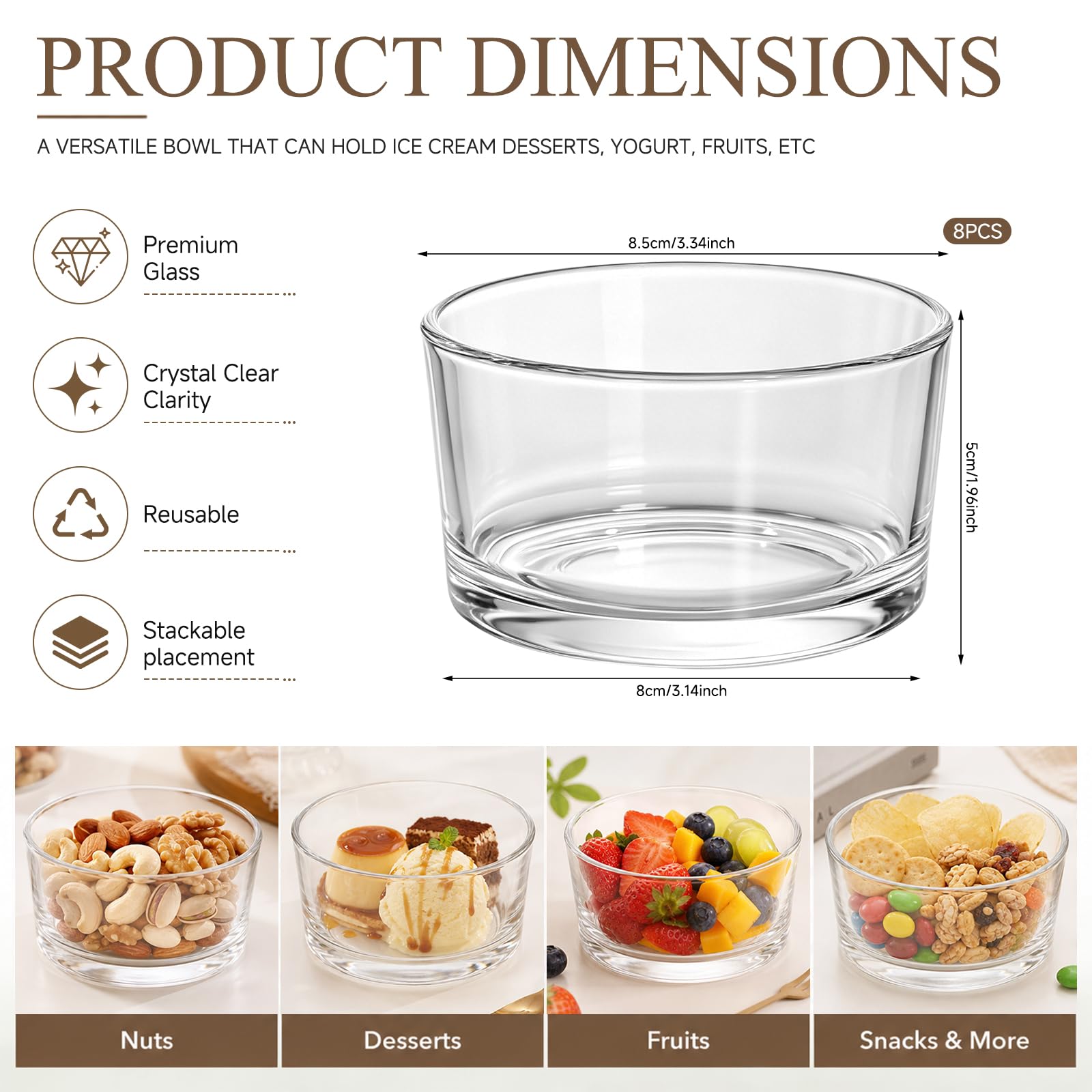 8 Pezzi Tazze Da Dessert in Vetro, 200 ml, Piccole Ciotole da Dessert per Tiramisù, Budino, Gelato, Yogurt, Bicchieri Trasparenti