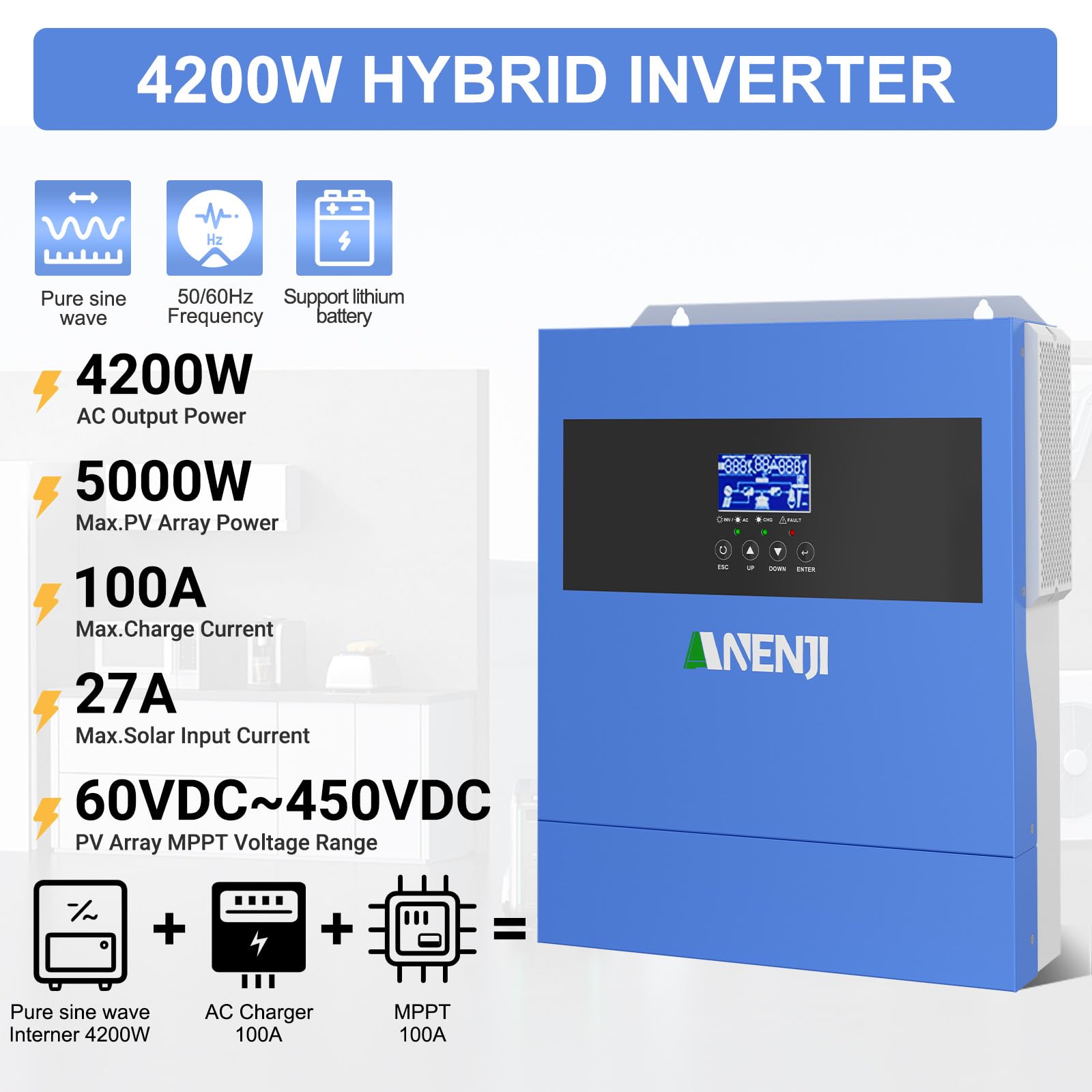 4200W Solar Hybrid Wechselrichter 24V netzunabhängiger Reiner Sinus-Wechselrichter DC auf 220V/230V AC mit 100A MPPT Solarregler Max. PV-Eingang 500V,Arbeit mit 24V Lithium Batterien