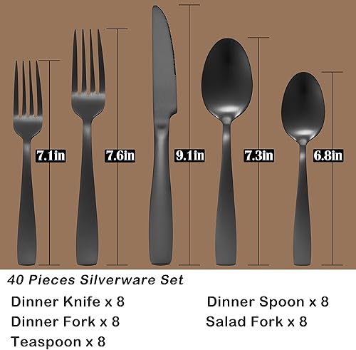Miniatura 2 de HaWare - Juego de cubiertos negros de acero inoxidable para 8, juego de cubiertos de 40 piezas con mango cuadrado suave y cuadrado, incluye cuchara