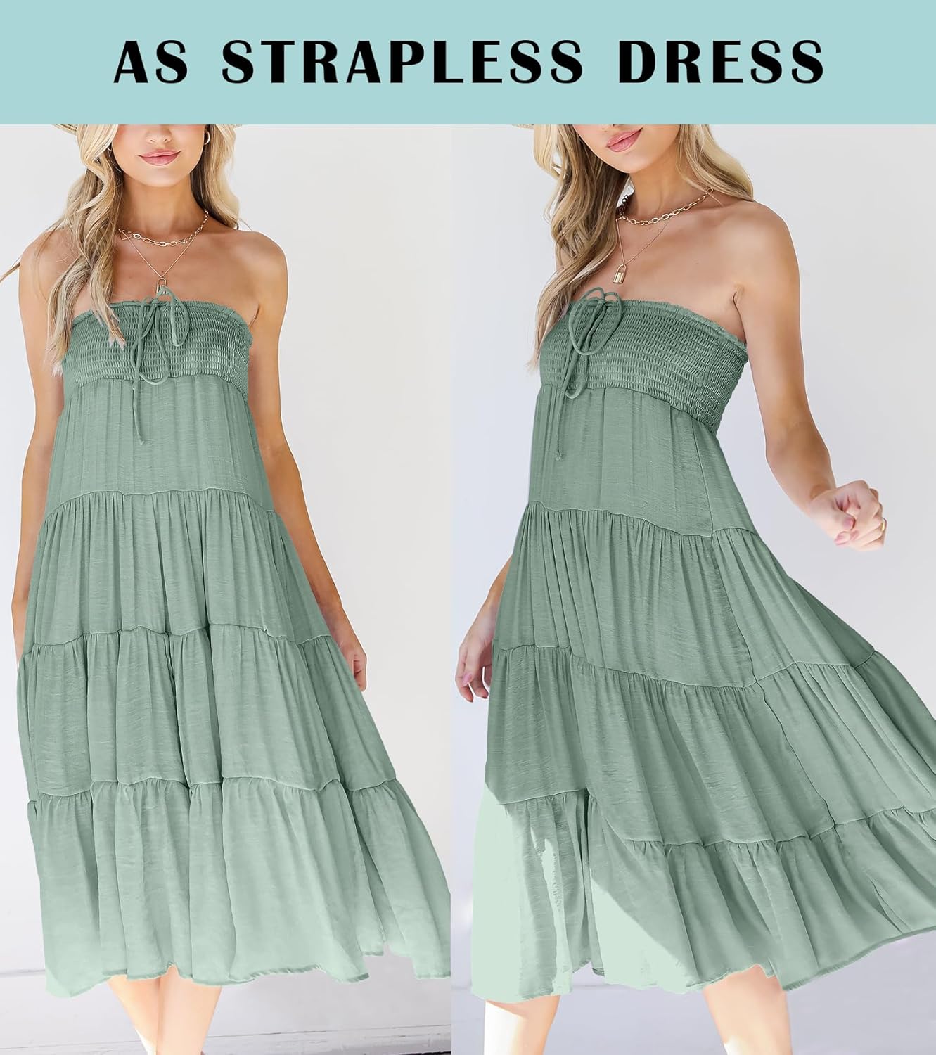 HAEOF Women's Summer Flowy Boho Maxi Skirt Trendy Smocked Waist Ruffle Tiered A Line Casual Beach Long Skirts Midi Dress - Image 4