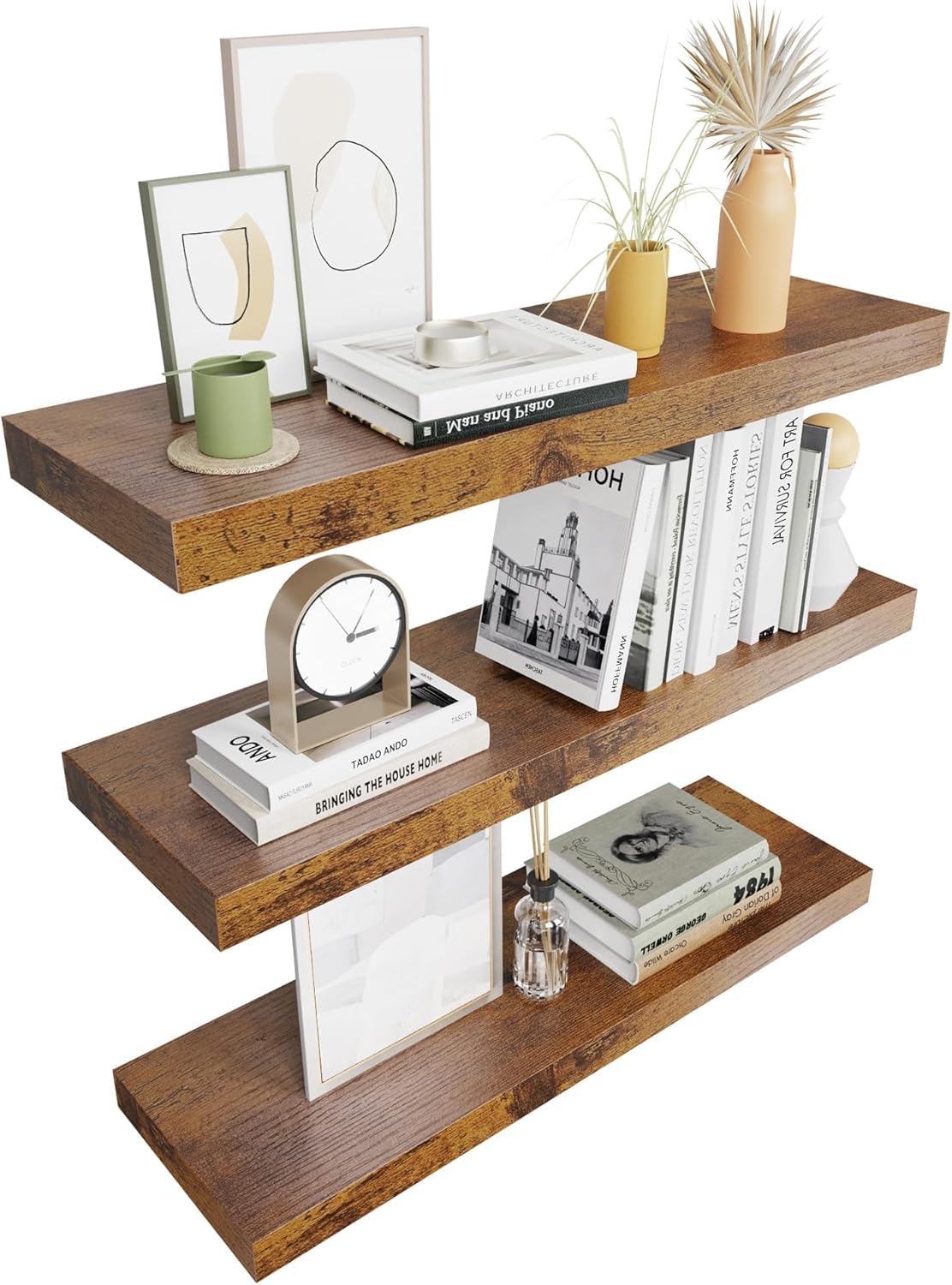 Colima Floating Shelves for Wall Brown Wood Wall Shelf for Bedroom, 24 Inch Wall Mounted Floating Shelves for Bathroom Living Room Kitchen Office, 1.3" Thick Floating Book Shelves for Wall, Set of 3