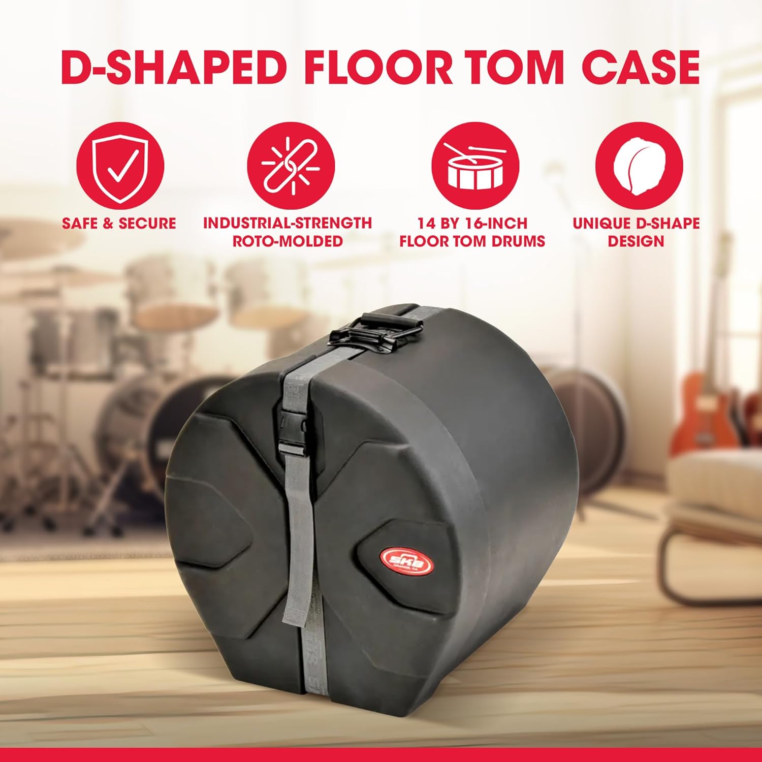 SKB 14" x 16" Floor Tom Case with Padded Interior, D-Shaped Drum Design, and Molded in Feet for Upright Positioning and Stability, Black
