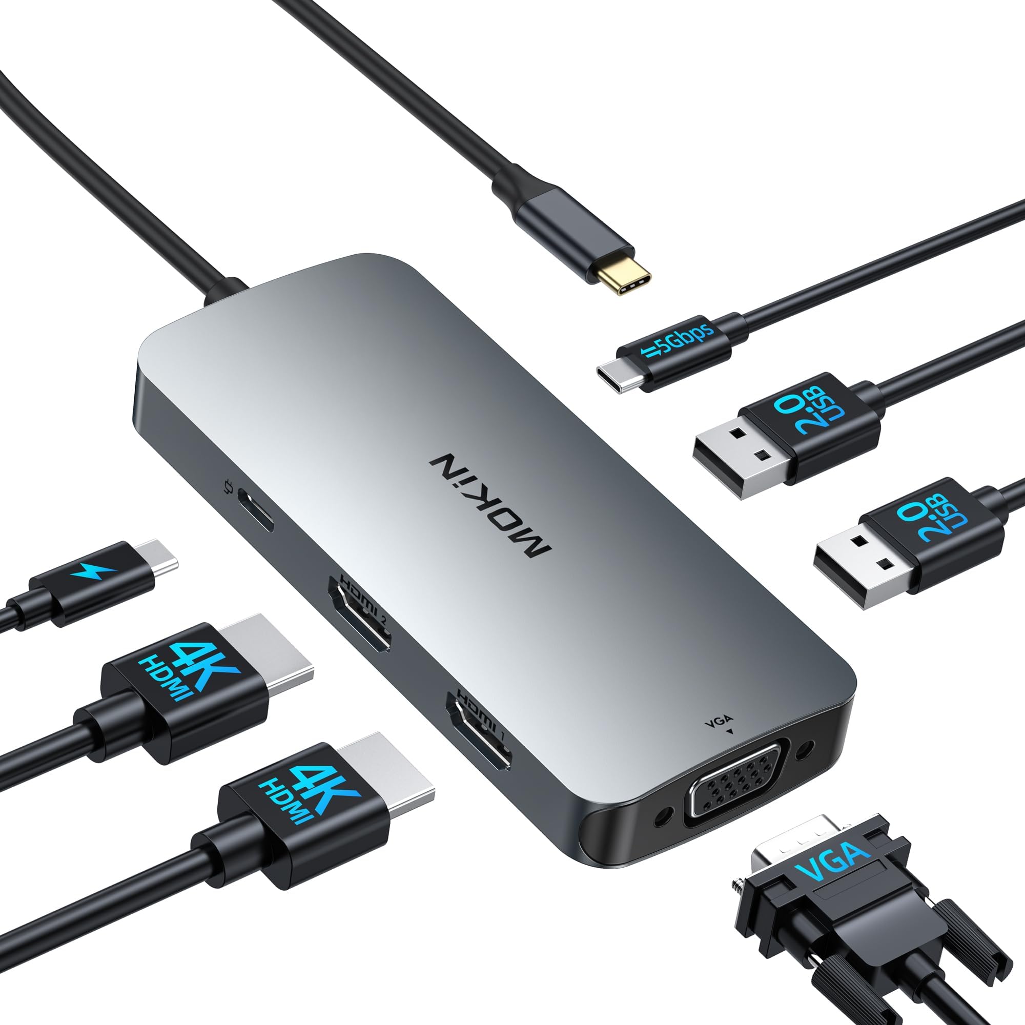 USB-C Docking Station with Dual HDMI, VGA & 2x USB, 100W PD for MacBooks & More