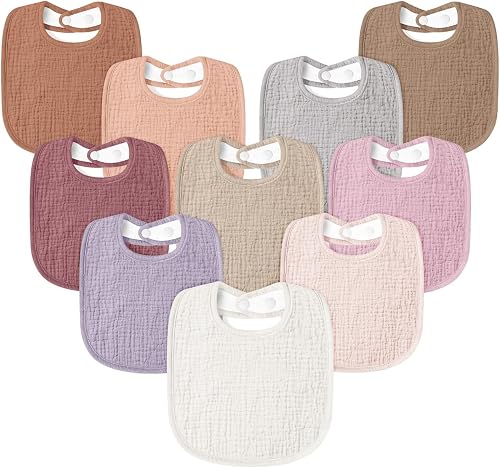 Susurration Muslin Baby Bibs 10Pack Soft Square Adjustable Baby Dribble Bandana Bibs With Adjustable Snaps for Unisex Baby Girls & Boys