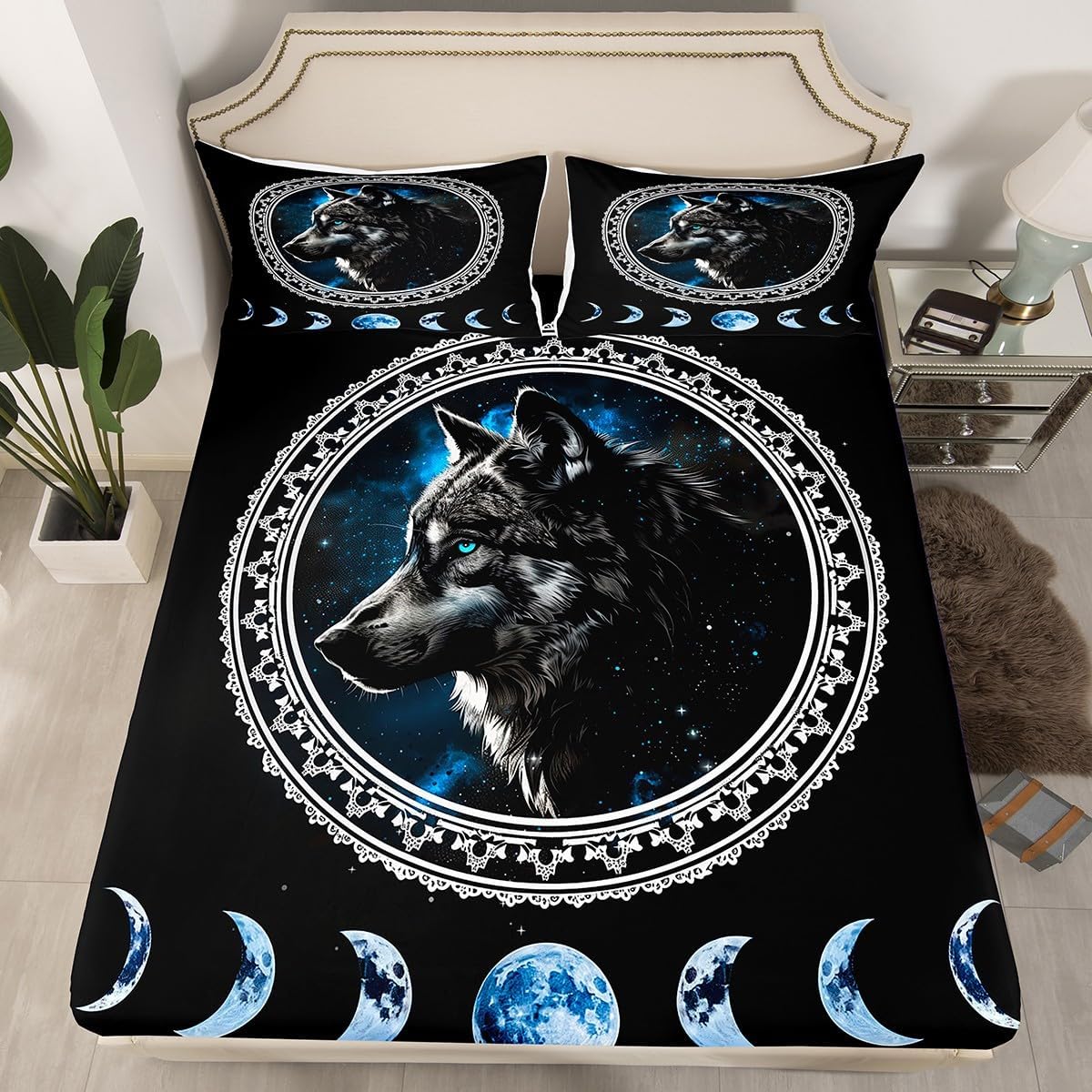 Bohemia Moon Starry Sky Full Size Fitted Sheet No Top Sheet,Mysterious Wild Animals 3 Pieces Kids Teenager Room Decor Wild Wolf Pocket 2 Pillowcases