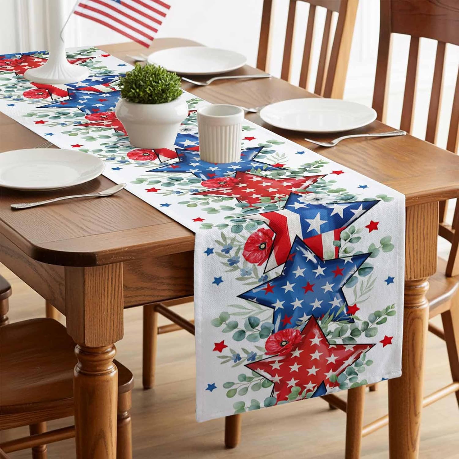 4th of July Table Runner, Patriotic Memorial Day Cotton Linencloth Holiday Farmhouse Table Decor for Home,Kitchen,Dining Room,Indoor,Outdoor,13X108 Inches Long,American Stars Summer Poppy Eucalyptus