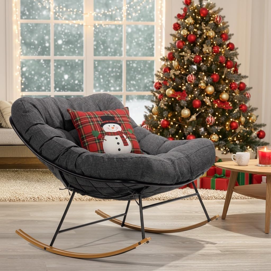Bme Patio Rocking Chair Outdoor & Indoor, Metal Patio Lounge Rocking Chair with Thick Cushion, Comfy Modern Rocker Chair for Living Room, Porch, Backyard, Grey Cushion - Wood Texture Rocker
