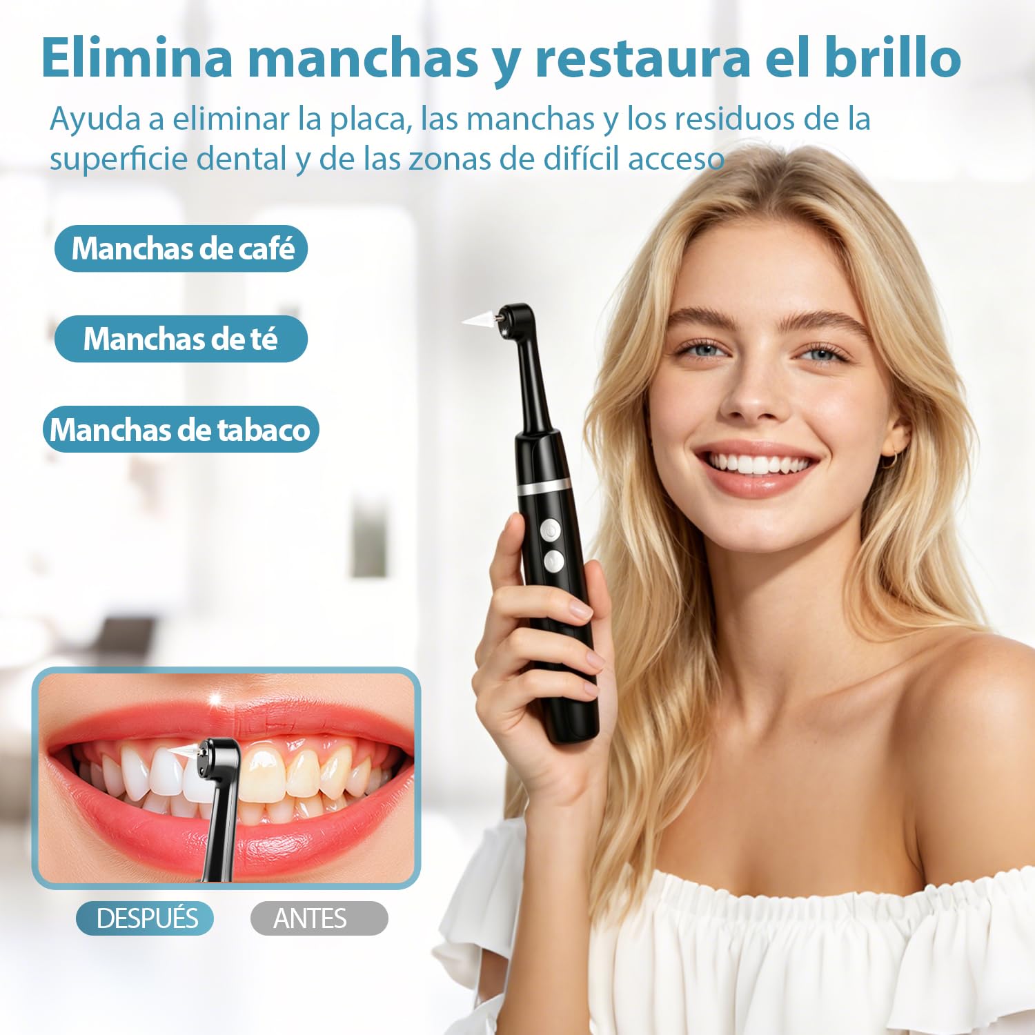 Kit Pulidor Dental Recargable para Limpieza y Blanqueamiento Dental, limpiador de sarro dental con 5 Cabezales, 5 Velocidades, Luz LED, quita sarro dental y manchas, IPX6 Resistente al Agua - 4
