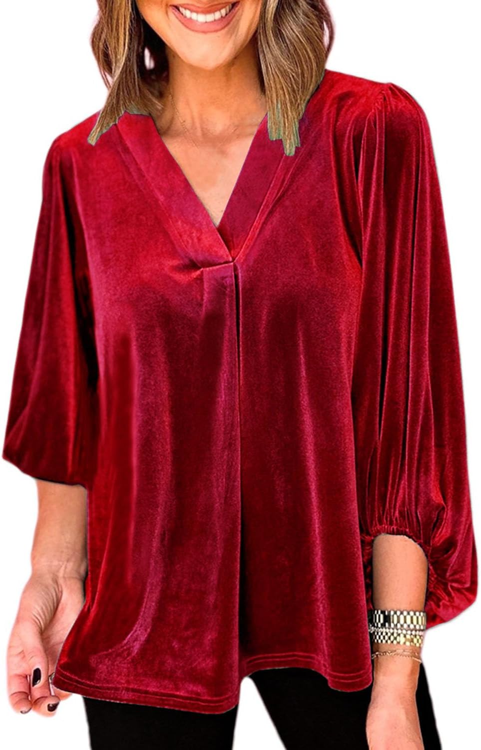 Womens Velvet Tops V Neck 3/4 Puff Sleeve Fall Winter Trendy Dressy Casual Loose Christmas Party Holiday Tunic Shirts - Image 4