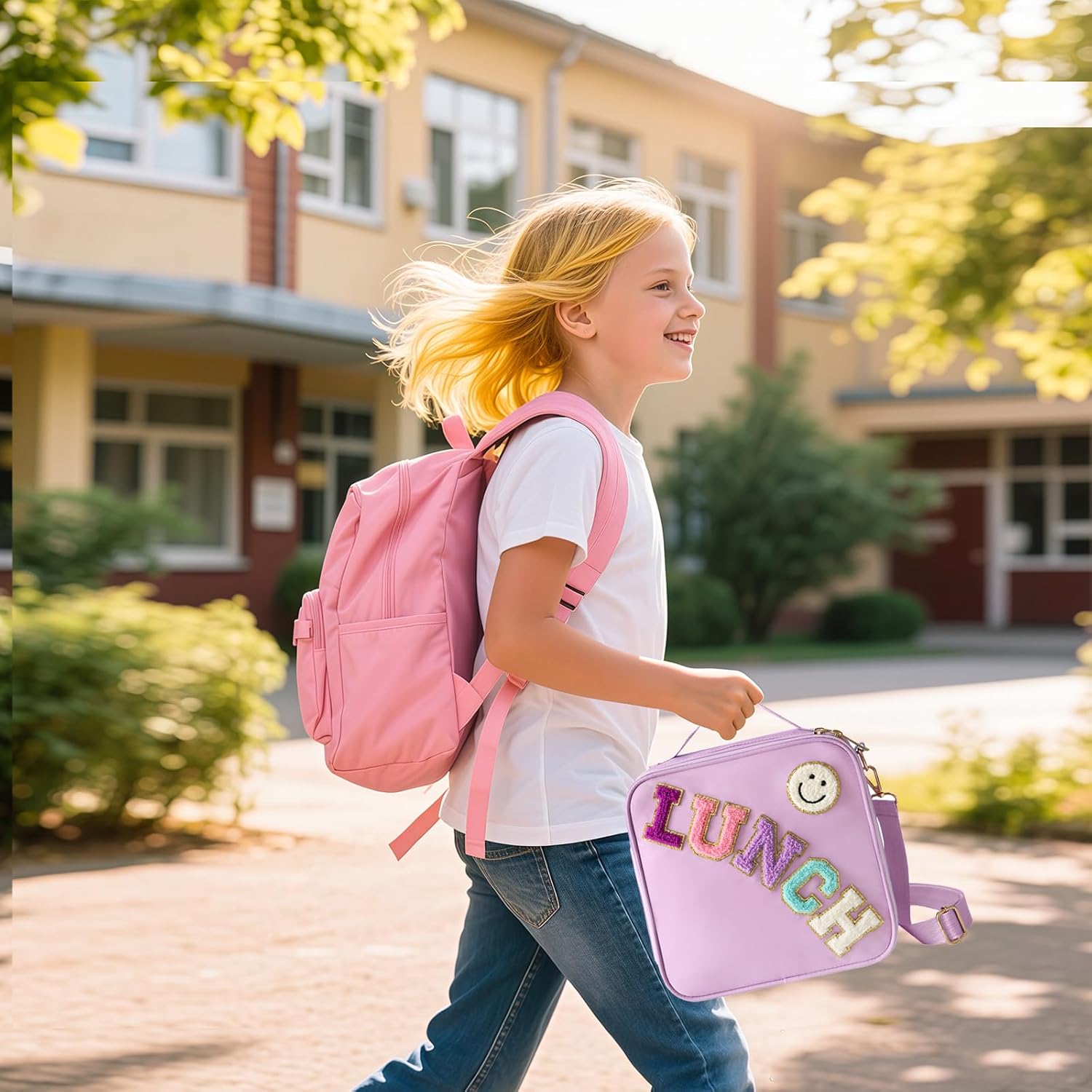 Insulated Lunch Bag With Adjustable Shoulder Strap, Nylon Lunchbox Large Insulated Lunch Box Reusable Lunch Tote Bag with Smiley Preppy Lunch Bag for Girls Travel Picnic Office Working (Purple) - Image 2