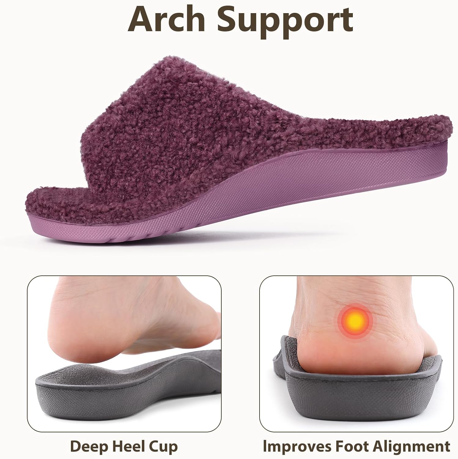 Litfun Womens Fuzzy Arch Support Slippers Orthopedic Comfy Adjustable Open Toe House Shoes, New Purple 39 - Image 4