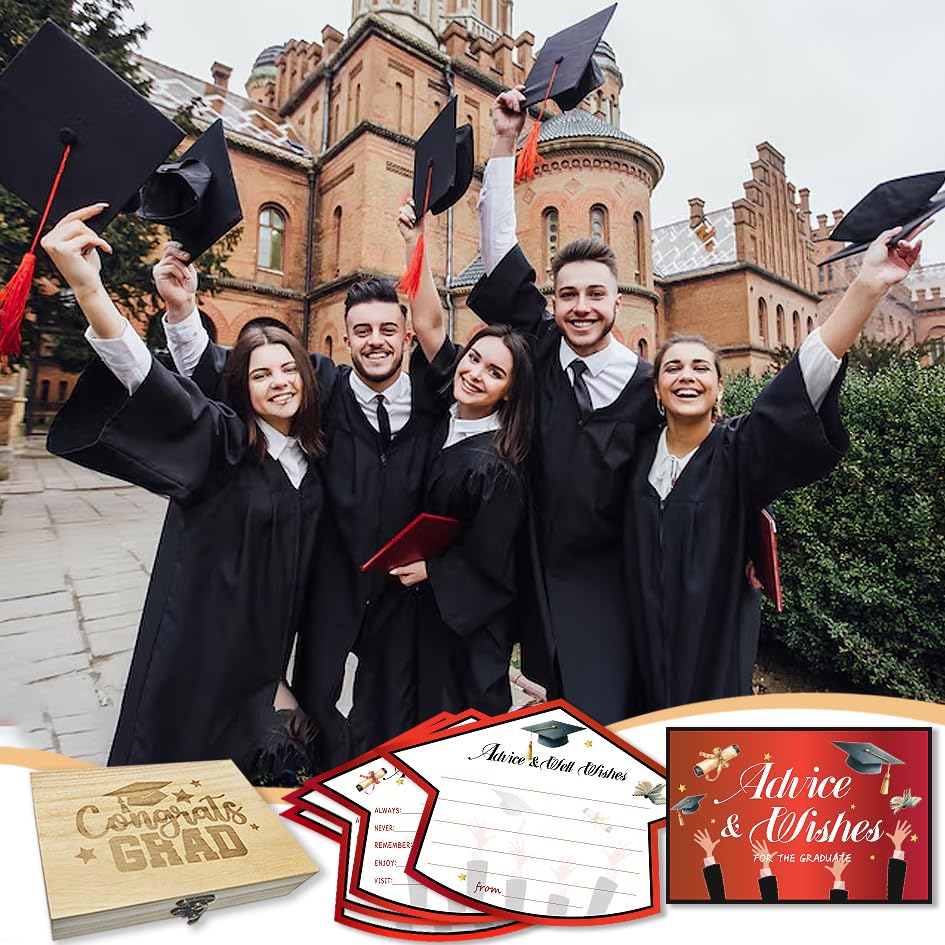 Image of 50Pcs Graduation Advice Cards for the graduate 2026, Graduation Advice and Wish Cards Box for Congrats Grad Class of 2026 Graduation Party Decorations Supplies (Red)