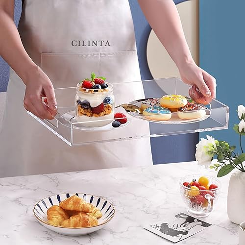 Miniatura 4 de Bandejas de acrílico con asas, bandejas rectangulares resistentes de desayuno de 16 x 12 pulgadas, bandejas decorativas transparentes para
