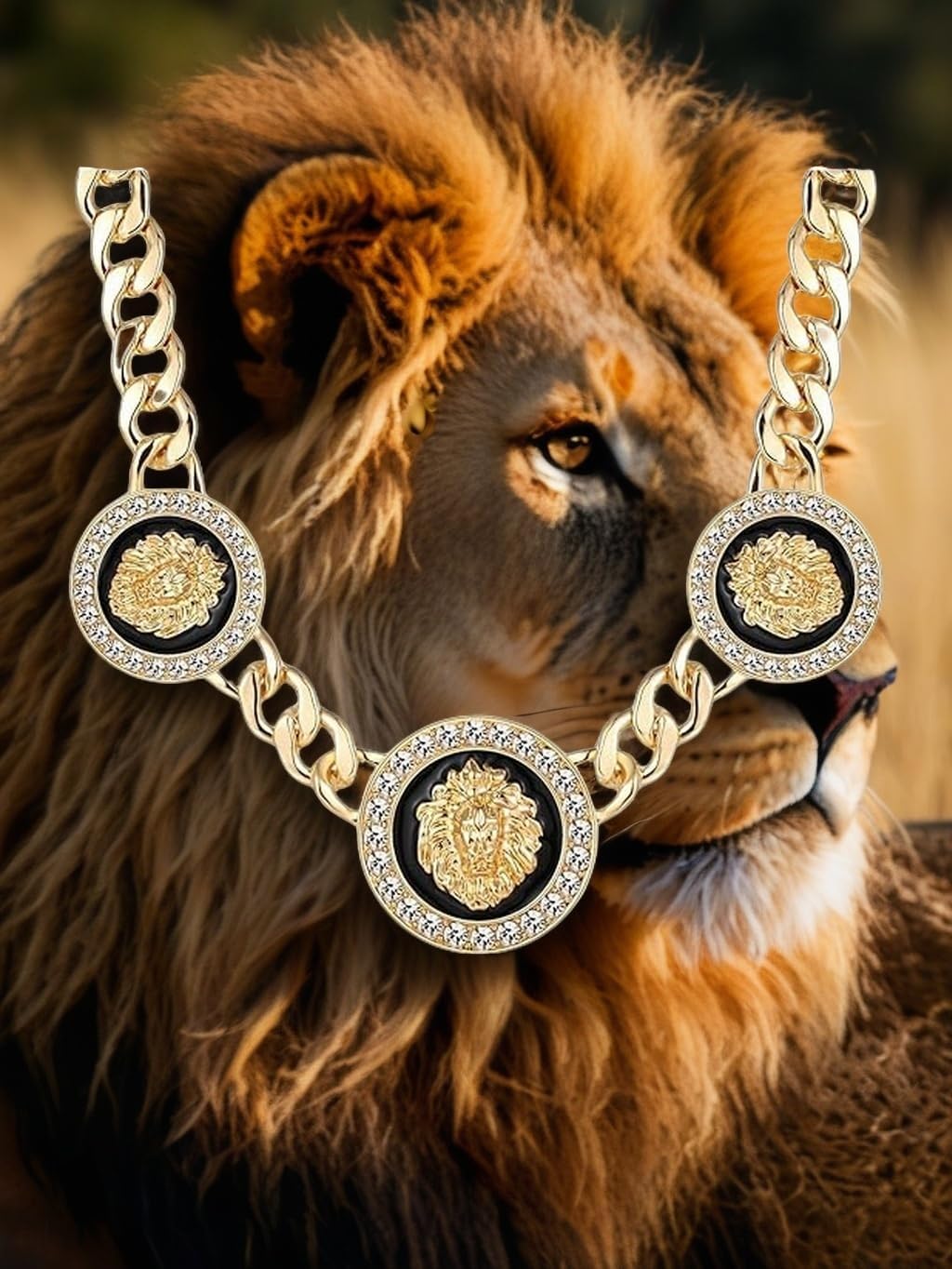 Women's Hip Hop Basketball Wives 3 Lion Heads Chunky Chain Necklace Crystal Statement Linked Choker Necklaces Party Costume Outfit Cocktail Club Animal Jewelry - Image 3