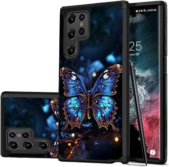 Compatible for Galaxy S22 Ultra Case, Hybrid Shock Proof Duty Dual Layer Protective Cover Case for Samsung Galaxy S22 Ultra 5G 6.8 inch 2022,Metal Butterfly Art