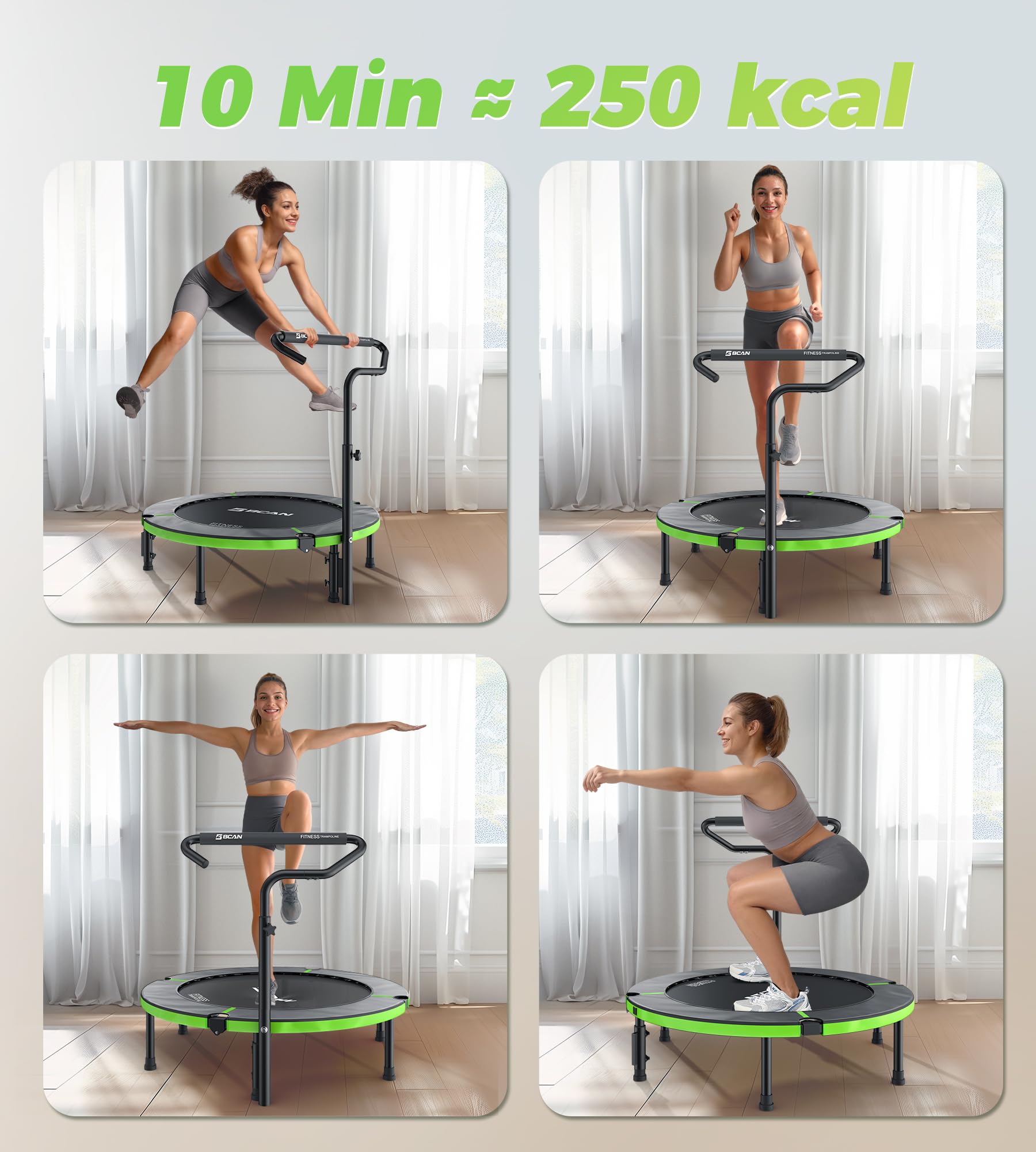 BCAN Trampolin Indoor, 102 cm Jumping Trampolin Fitness, Faltbar, Tragfähigkeit 150 KG, Verstärkte Feder, Verstellbarer Haltegriff mit Schaumstoffpolsterung, Geeignet für Erwachsene und Kinder