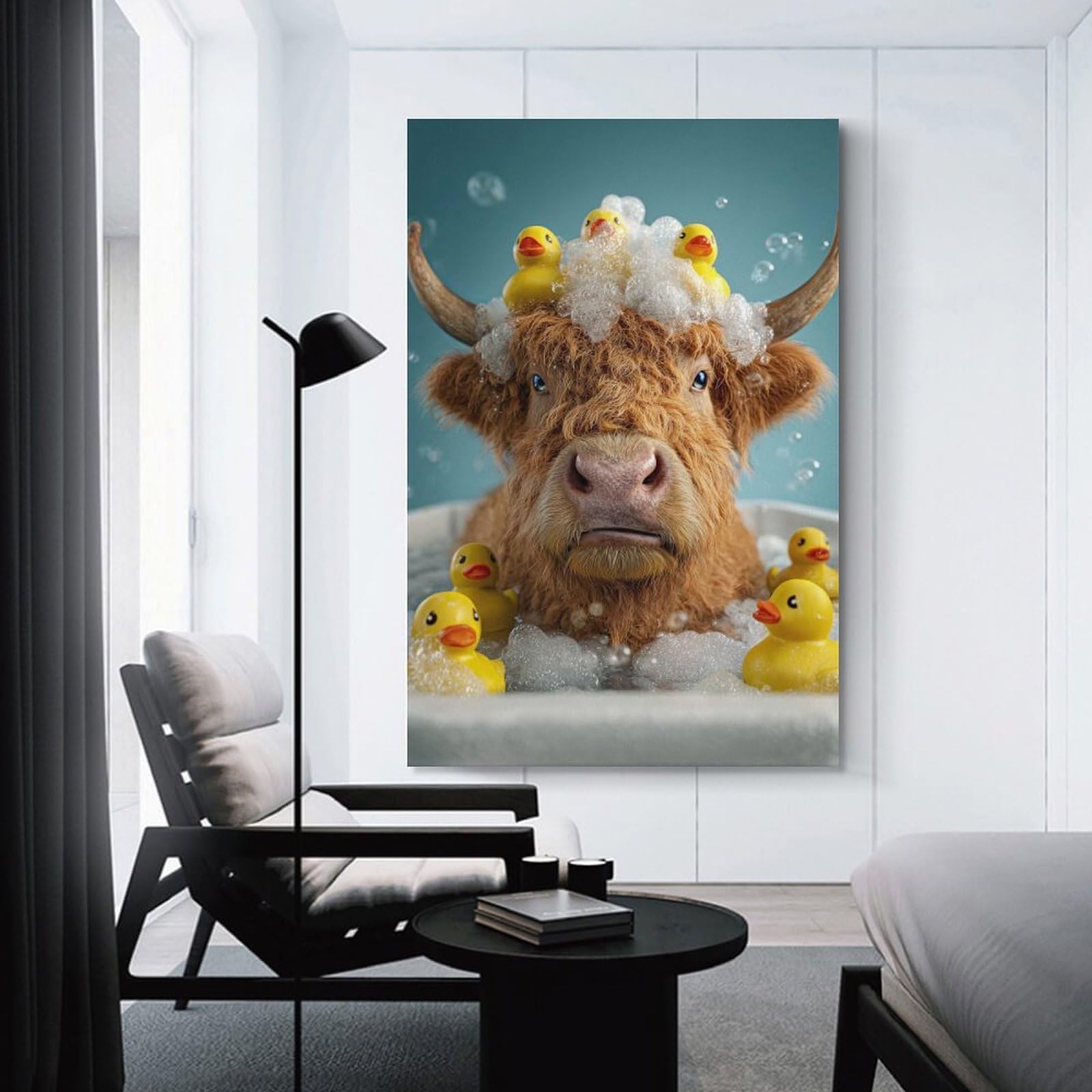 Junmoney Canvas Wall Decor Highland Cow Bath Time with Ducks, 20x30inch(50x75cm), for Restful Interiors, Bedrooms Or Small Rooms, Canvas Wall Decor for Personal Spaces