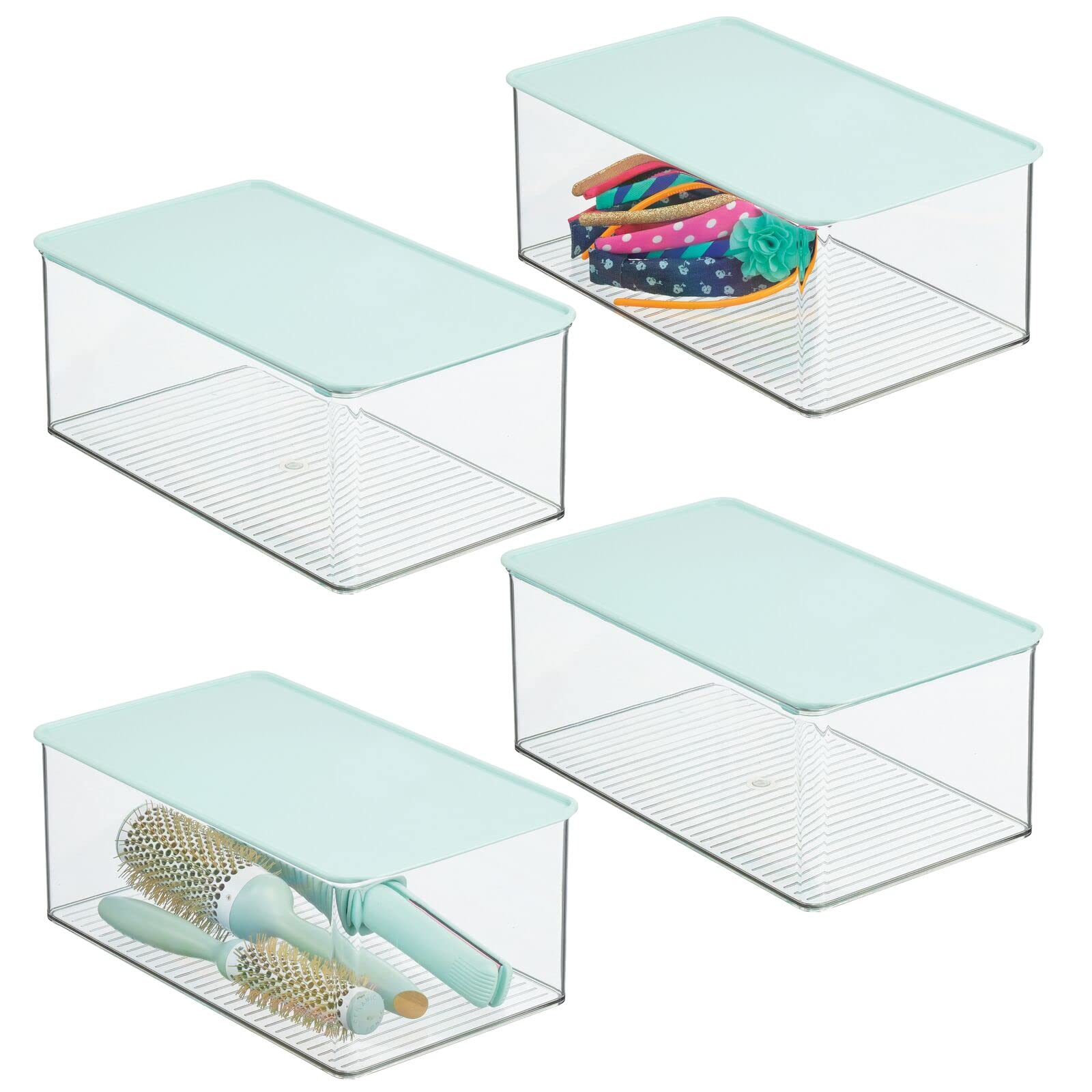 mDesign Bathroom Plastic Stackable Storage Box Container, Hinged Lid - Cabinet, Vanity Organizer for Toiletries, Makeup, First Aid, Hair Accessories, Bar Soap, Loofahs, Bath Salts, 4 Pack - Clear/Mint