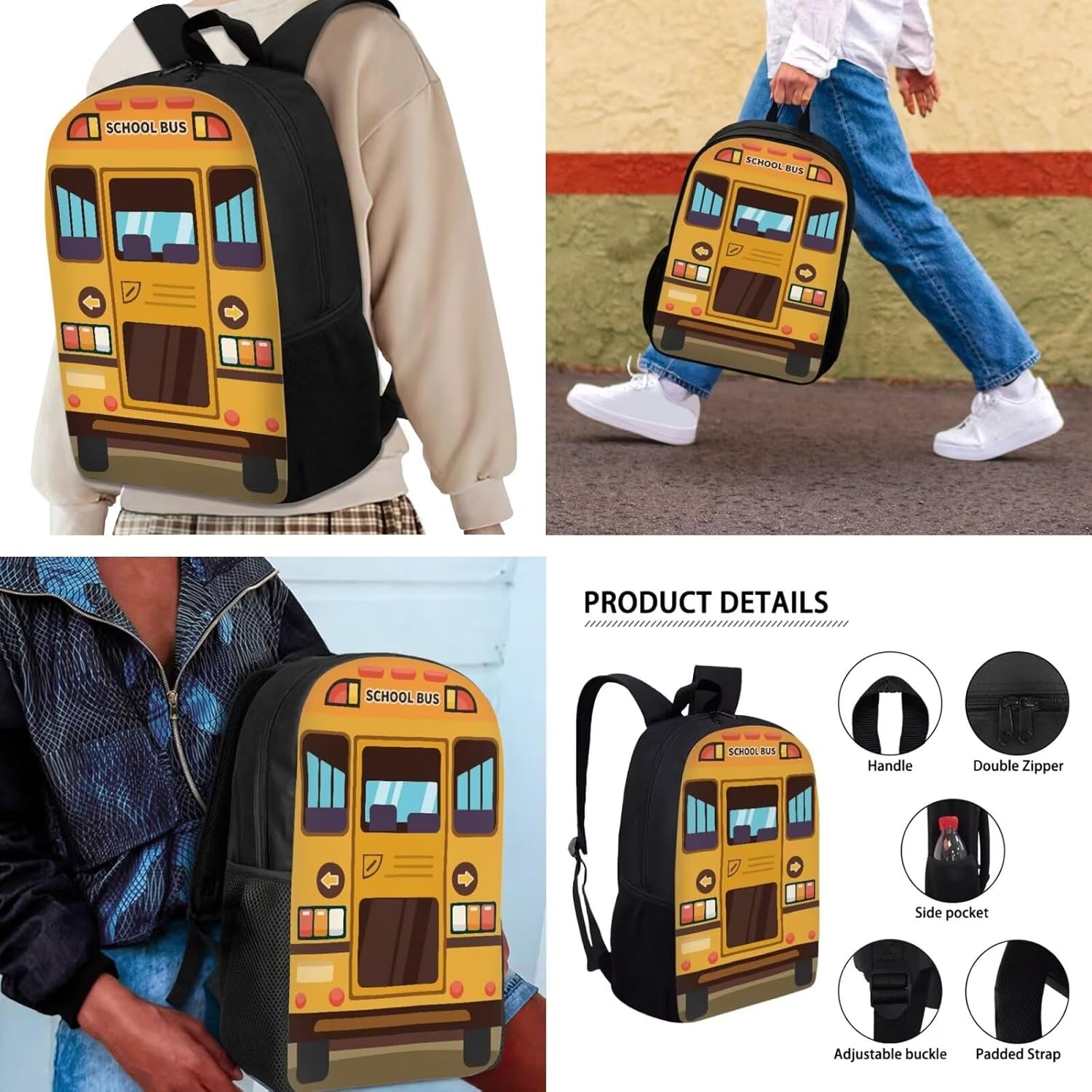 Yellow Cartoon School Bus Print Space Stars Bookbag Cute Animal Pattern Schoolbag with Lunch Bag Pencil Bag Kids Backpack for Teens Kids Elementary School Bag